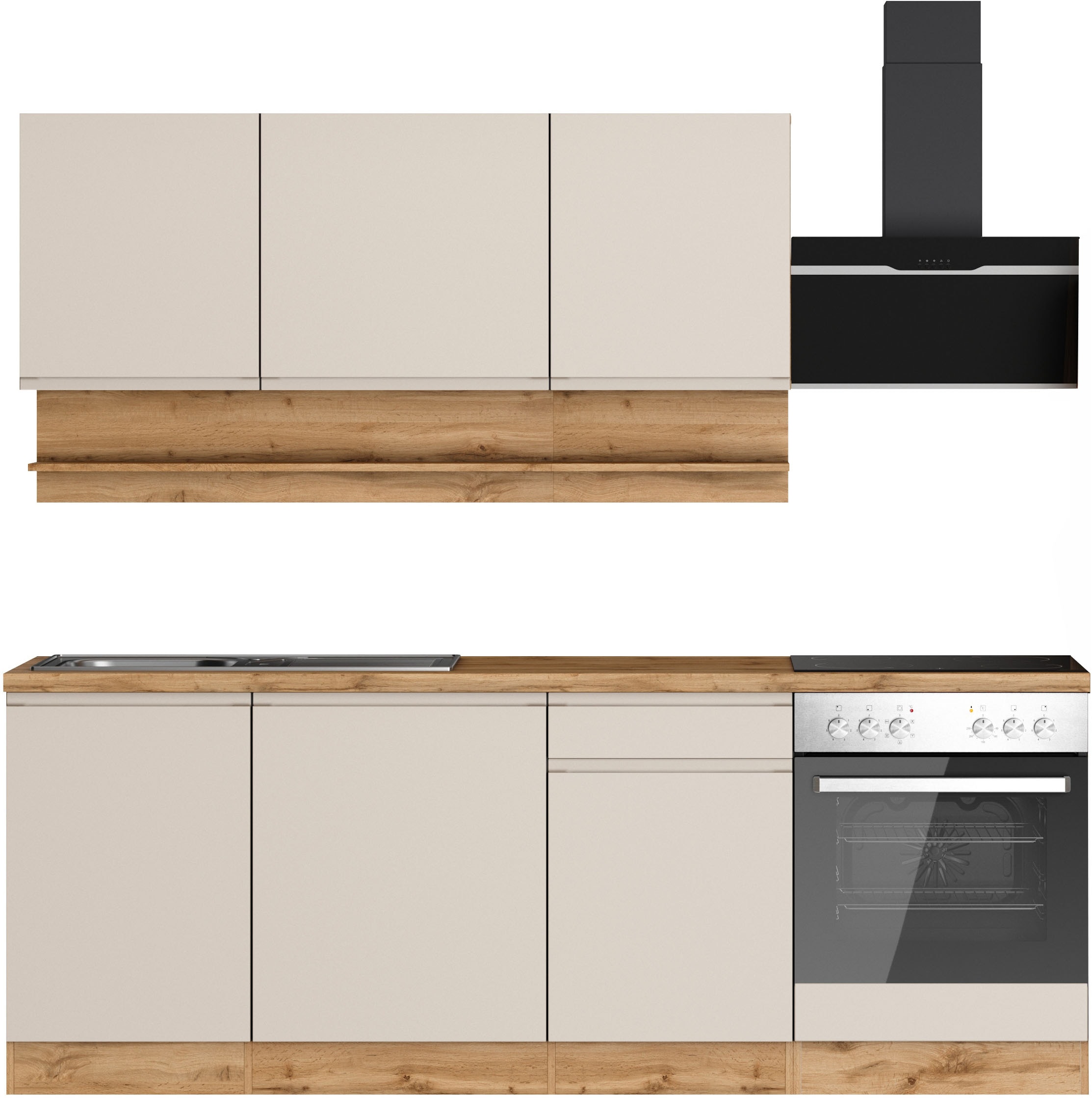 KOCHSTATION Küchenzeile "KS-Virginia,neu in verbesserter Ausführung" Arbeitsplatte 38 mm stark, Stauraum, Softclose, Breite 220 cm, Soft-Close, wahlweise mit E-Geräten