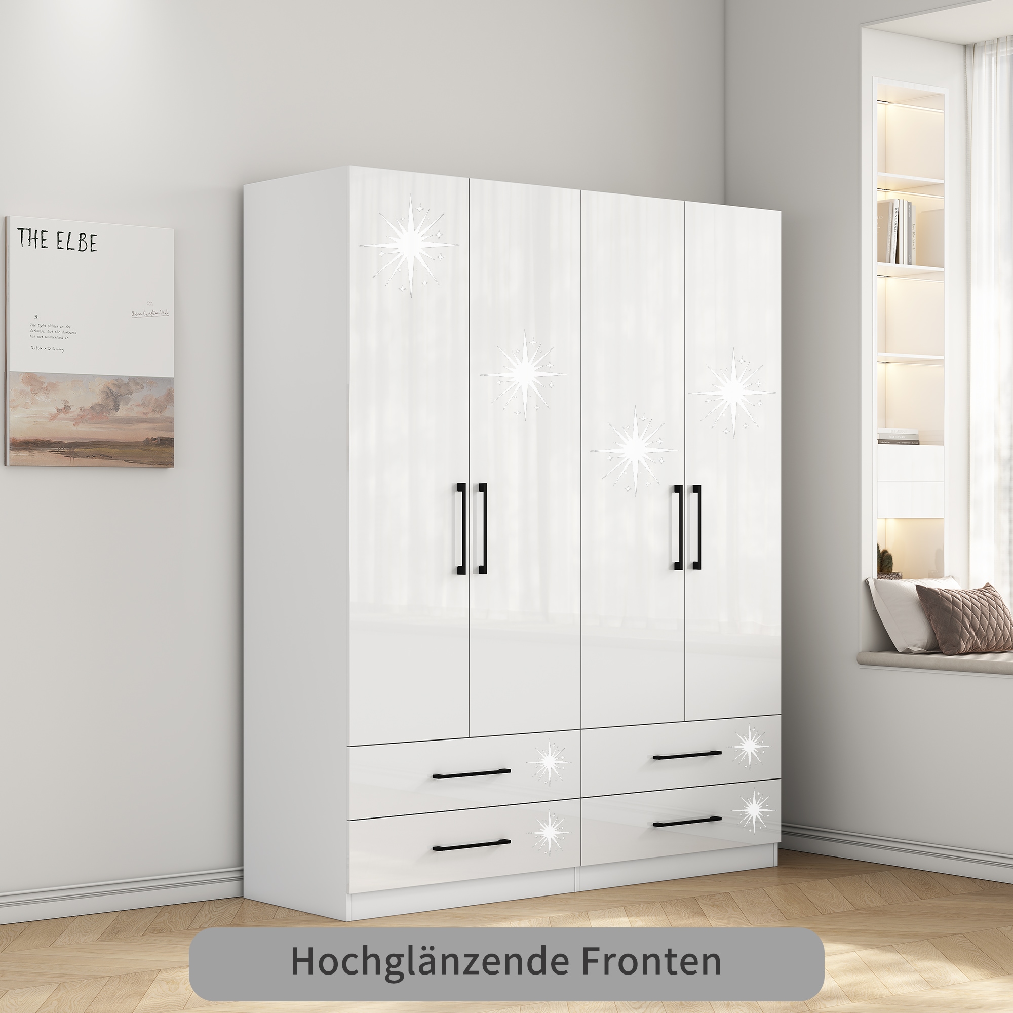 OTTO home Kleiderschrank »Sylt Schlafzimmerschrank Bestseller mit hochglänzenden Fronten« Drehtürenschrank mit 4 Schubladen und 4 Türen,  Schrank in Breite 160 mit viel Stauraum