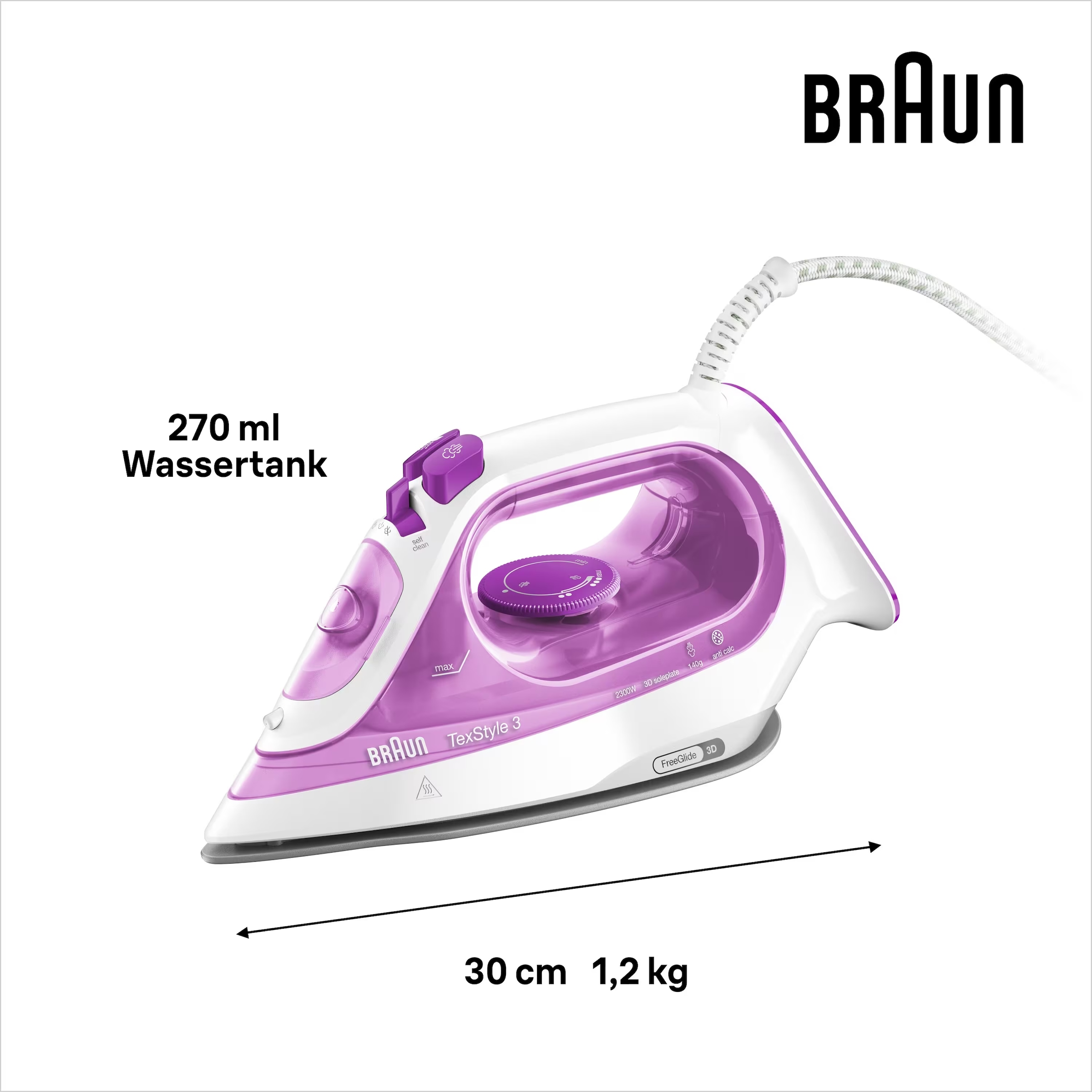 Braun Dampfbügeleisen »TexStyle 3 SI 3030 PU - 2.300 W, 140 g Dampfstoß, 270 ml Wassertank« 2300 W 45 g Dampfmenge, SuperCeramic Bügelsohle, 35 Sek. Aufheizzeit