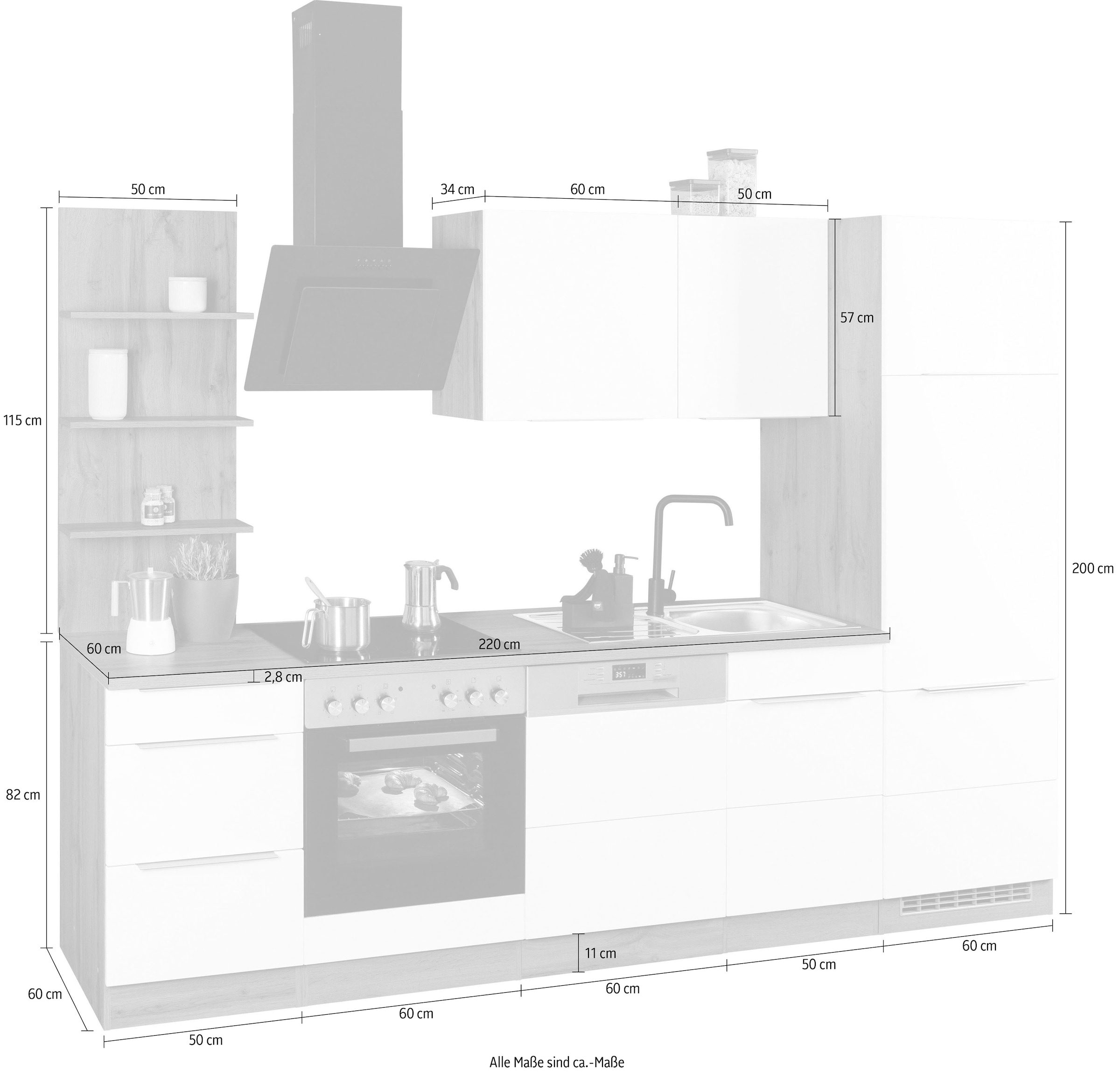 KOCHSTATION Küchenzeile »KS-Brindisi«, Breite 280 cm, wahlweise mit E-Geräten, mit MDF-Fronten und Regal