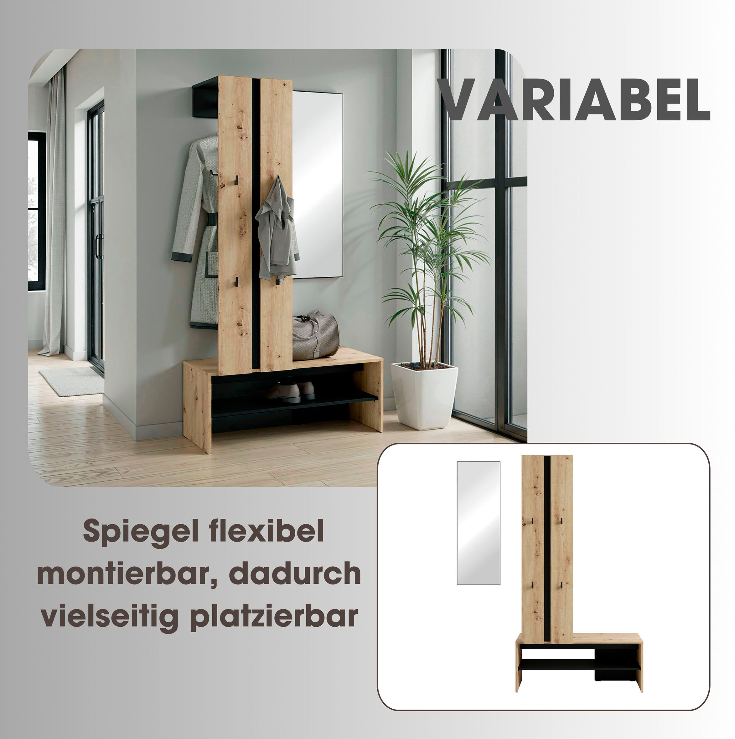 byLIVING Kompaktgarderobe »Dielen - Set Nante«, (2 St.), maximale Ordnung auf wenig Fläche mit Spiegel, Kleiderstange und Haken
