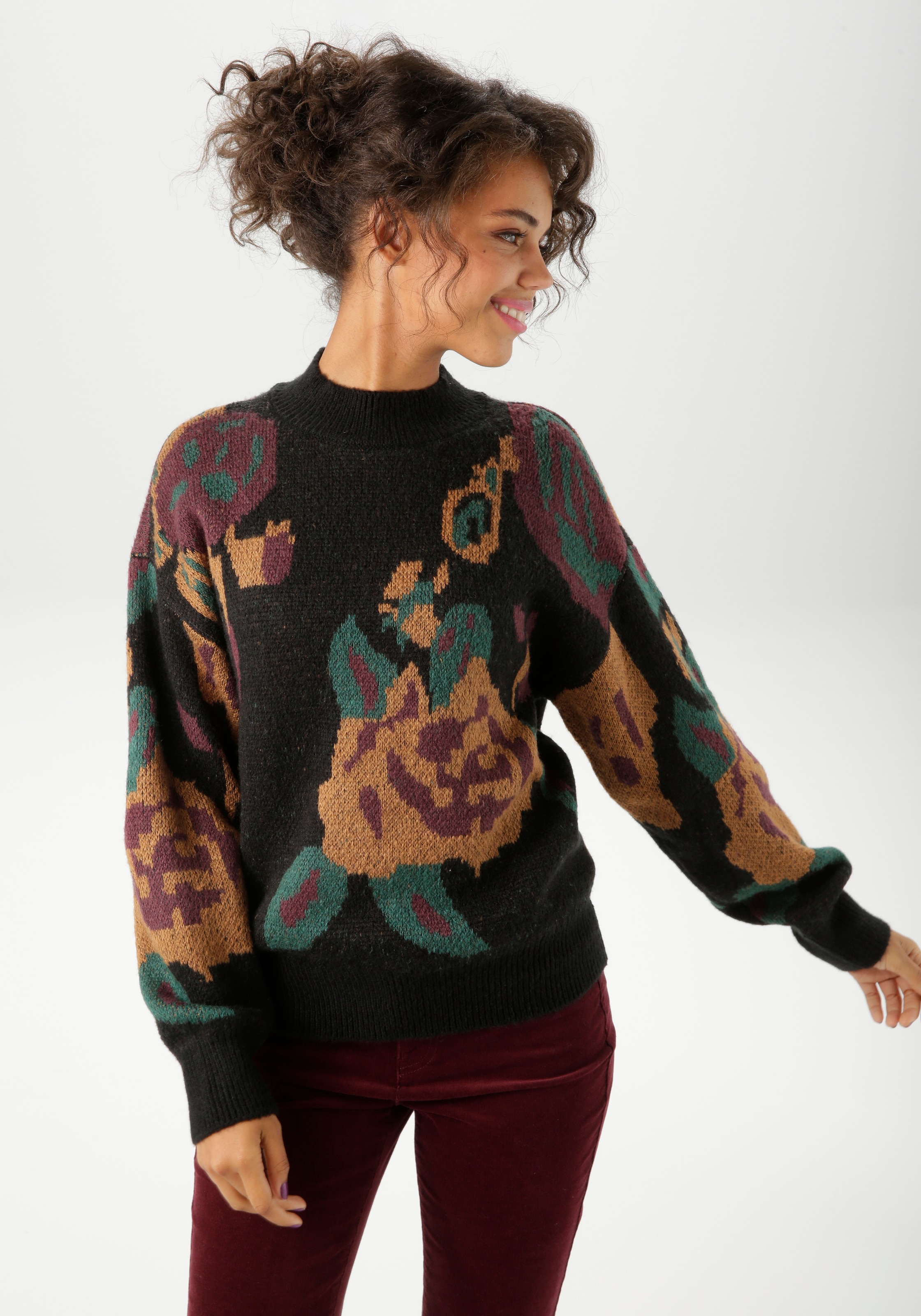 Aniston CASUAL Strickpullover, mit großflächigen, eingestrickten Blüten - N günstig online kaufen