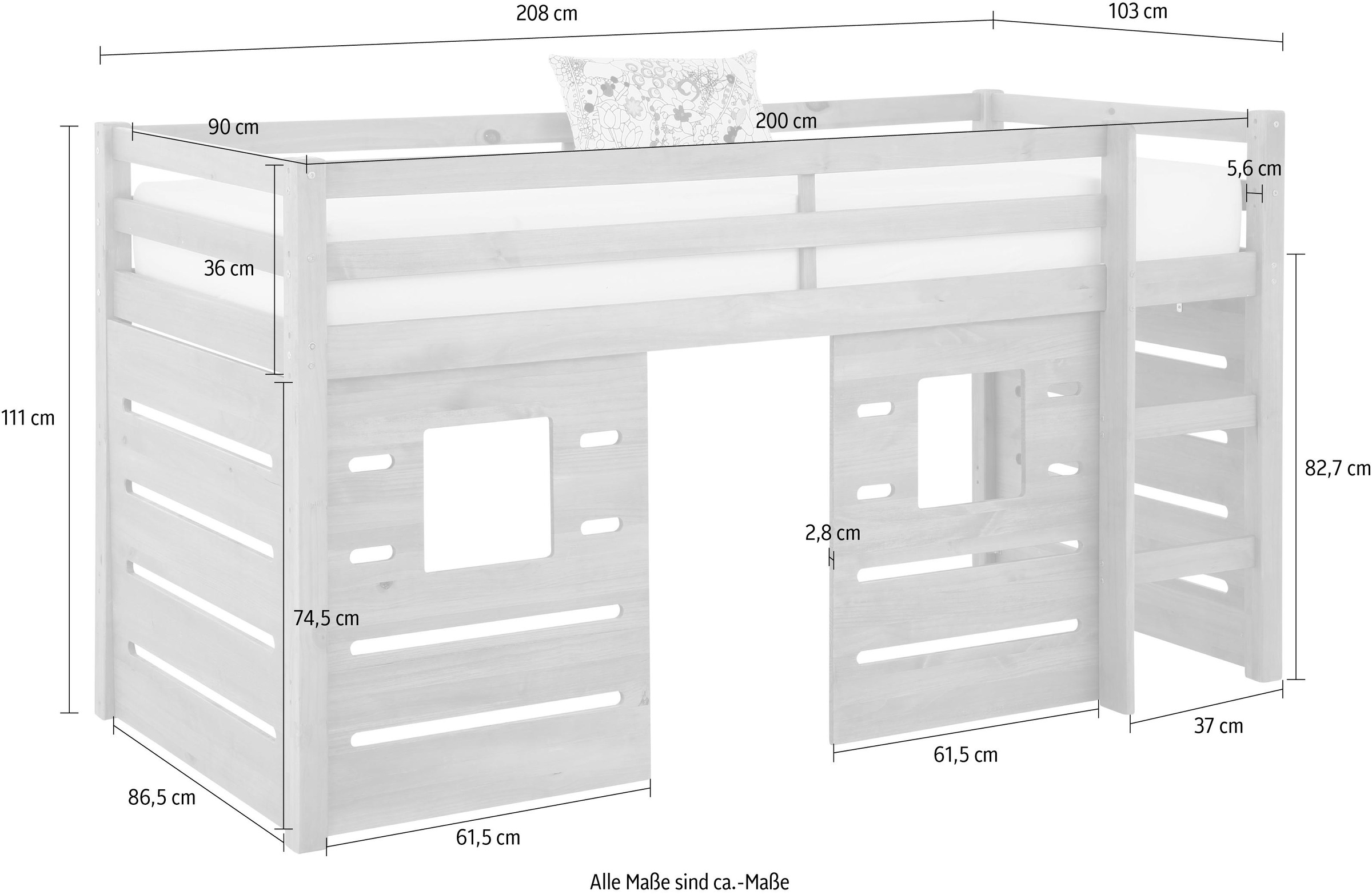 Lüttenhütt Hochbett »Alpi«, aus Kiefernholz, inklusive Leiter und Panel, Außenmaßenbreite 103 cm