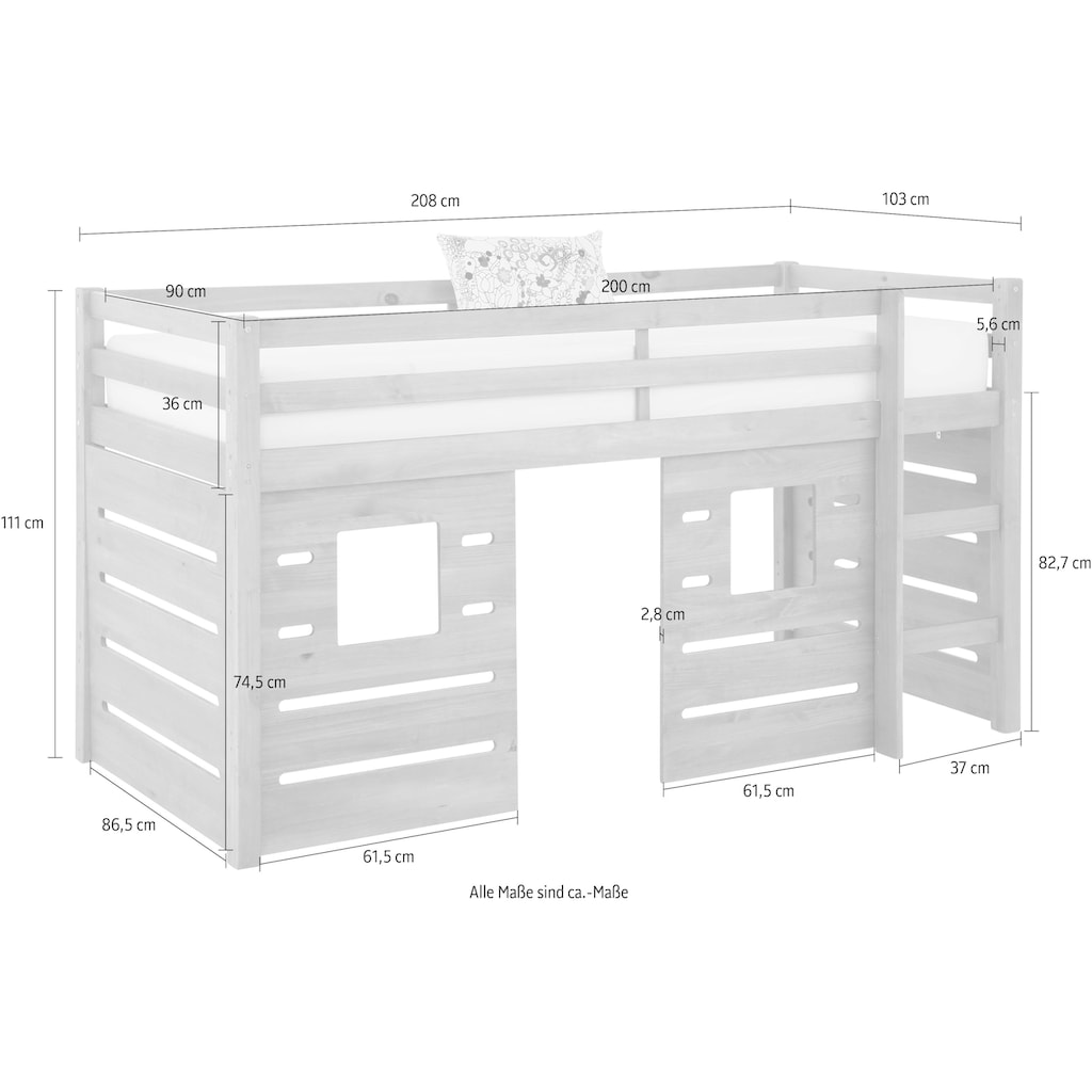Lüttenhütt Hochbett »Alpi«, aus Kiefernholz, inklusive Leiter und Panel, Außenmaßenbreite 103 cm