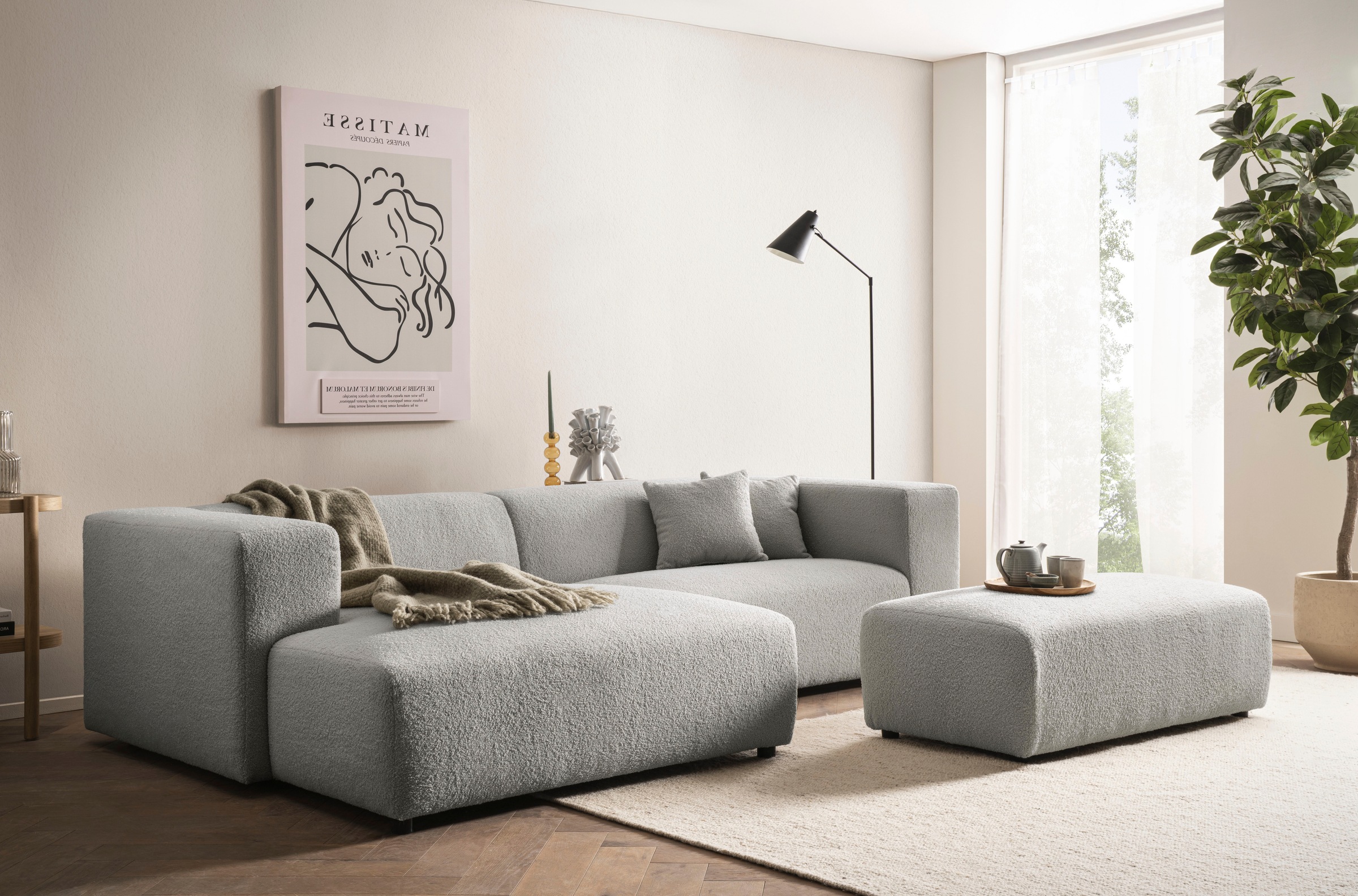 andas Ecksofa »BAKELS, L-Form in Cord oder Boucle-Stoff, moderne Couch«, wahlweise Recamiere rechts/links, bequemer Sitzkomfort