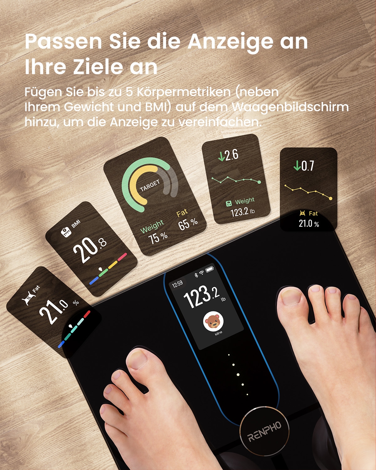 Renpho Körper-Analyse-Waage »Elis Nova WIFI Smart Body Scale A031«, Smarte Analysewaage mit 13 Körpermessungen & 5 Gesundheitszielen