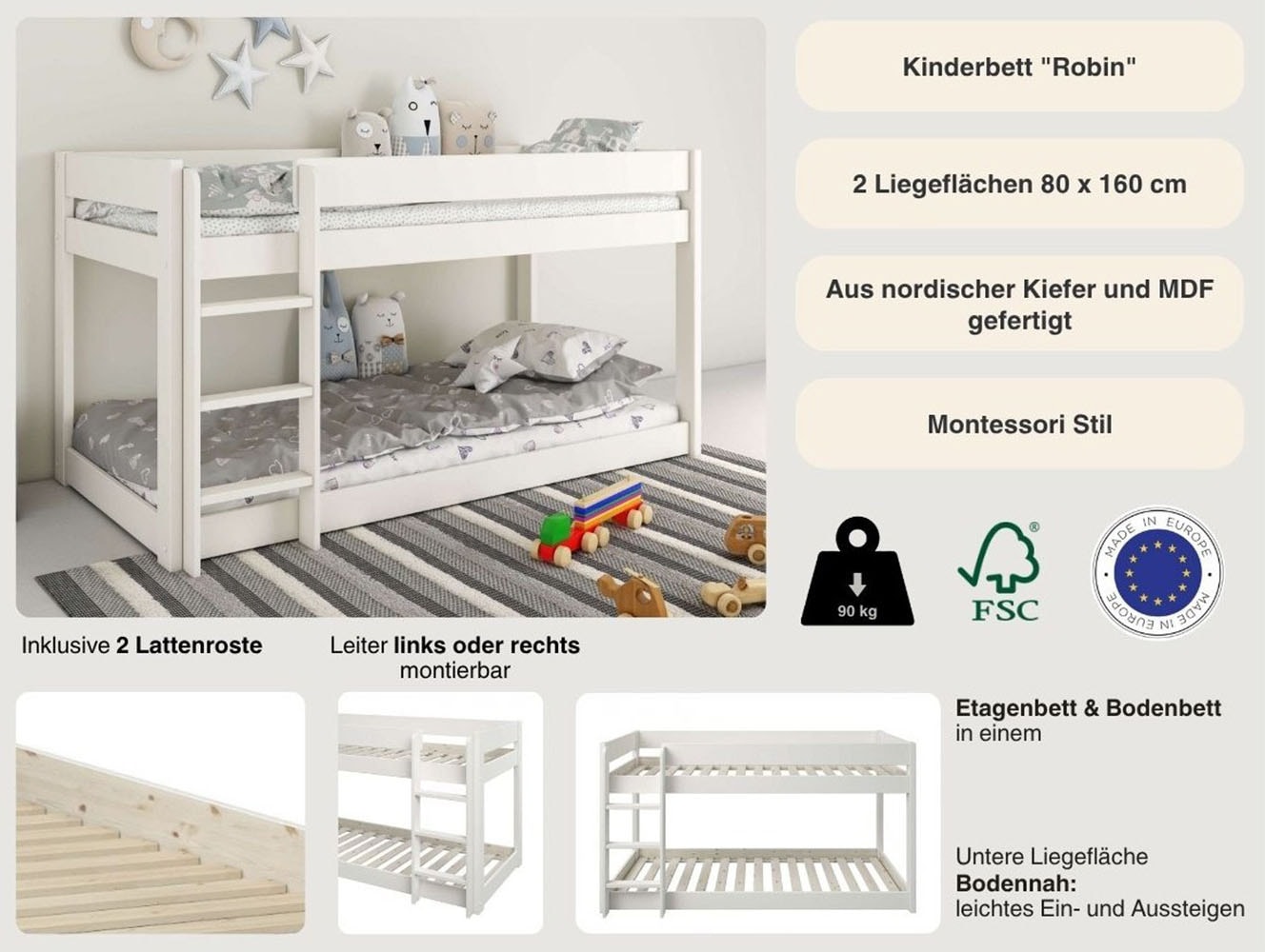 Lüttenhütt Kinderbett »ROBIN ,Bodenbett,Etagenbett,Leiter/Einstieg seitenverkehrt montierbar« 2 Größen,  Montessori Stil, zertifiziertes Massivholz