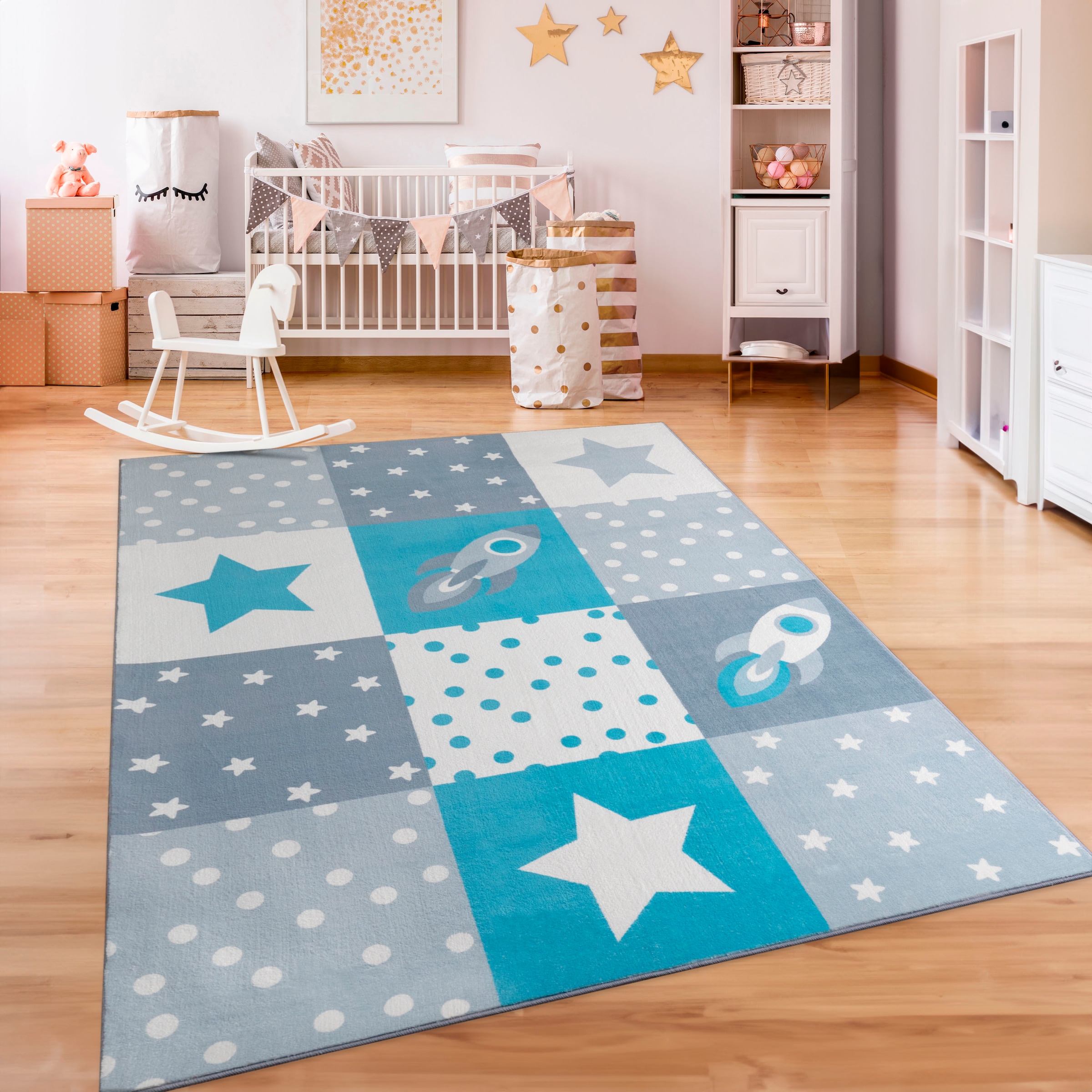 Paco Home Kinderteppich "Eliz 395", rechteckig, 12 mm Höhe, Kurzflor, Spielteppich, Patchwork-Muster, Motiv Rakete, Ster