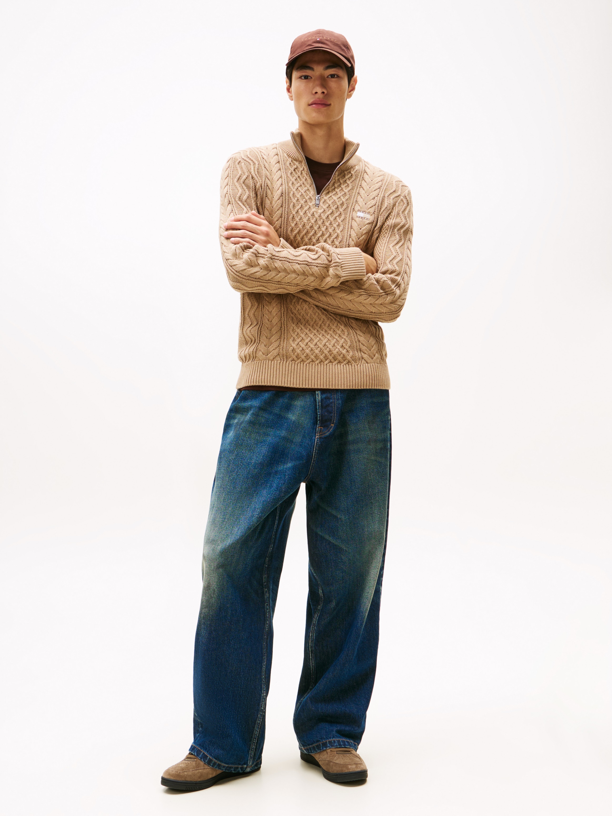 Tommy Jeans Strickpullover, Troyer-Kragen mit Reißverschluss, slim fit, Zopfstrick-Muster