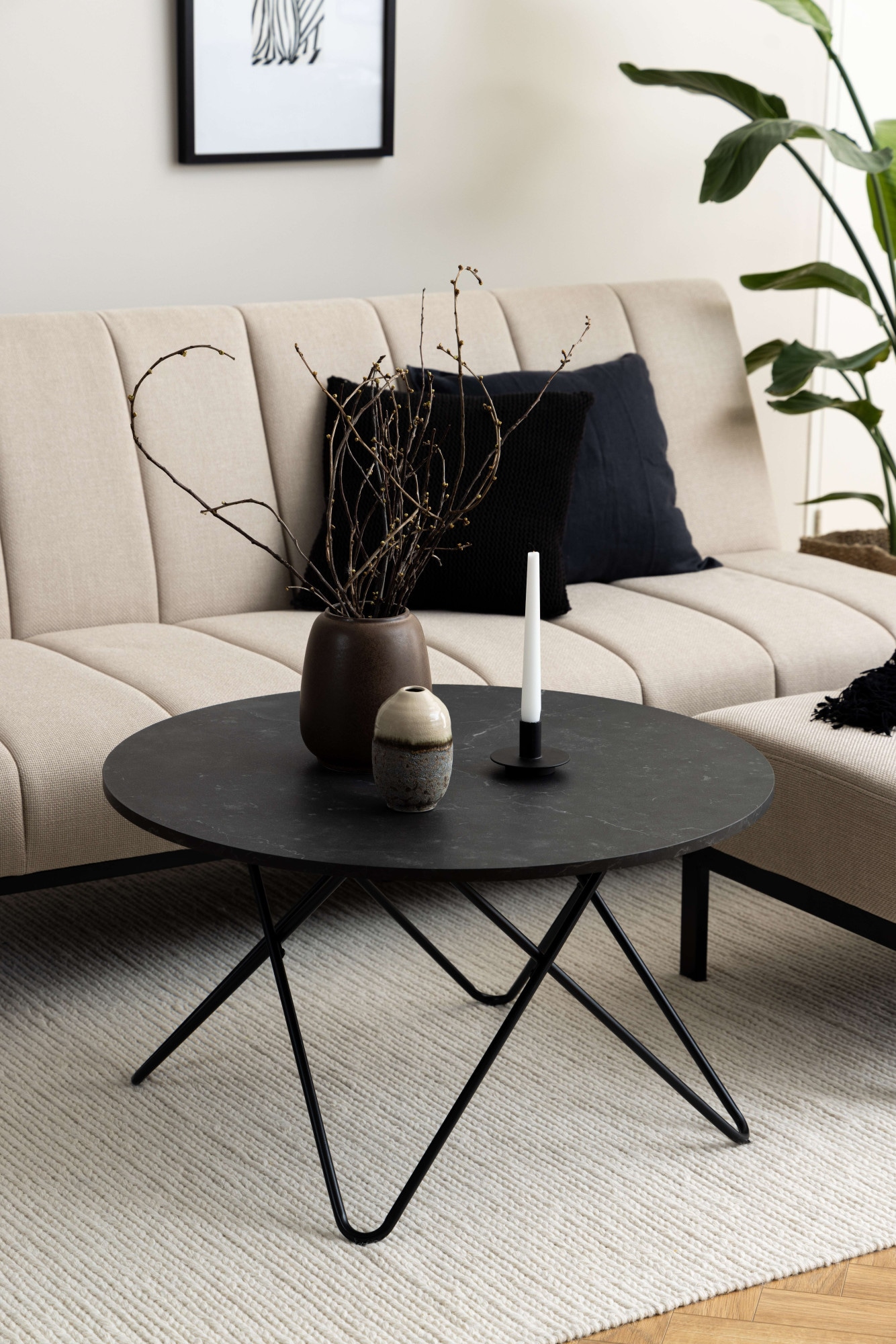 ACTONA GROUP Couchtisch »Wyre TOPSELLER!«, (Wohnzimmertisch, Sofatisch, Kaffeetisch), rund, schwarzer Marmor-Look, schwarzer Stahldrahtfuß, T: 80 cm
