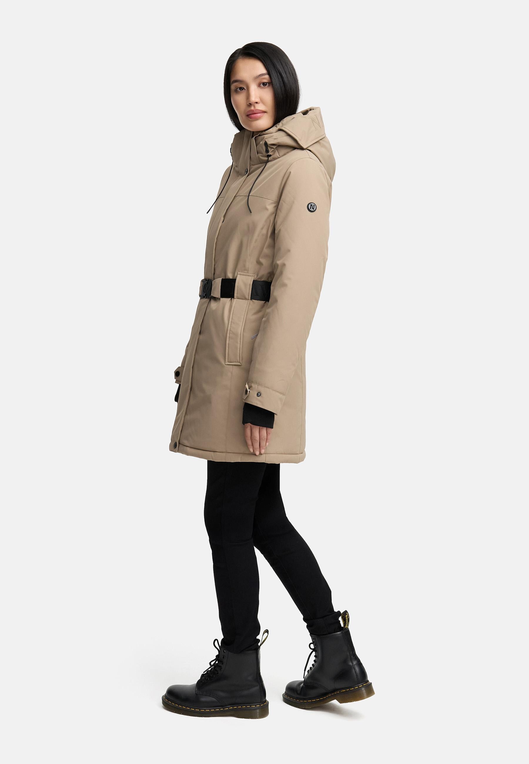 Navahoo Wintermantel »Frostkuss 14«, Warmer Damen Mantel mit abnehmbarer Kapuze und Taillengürtel