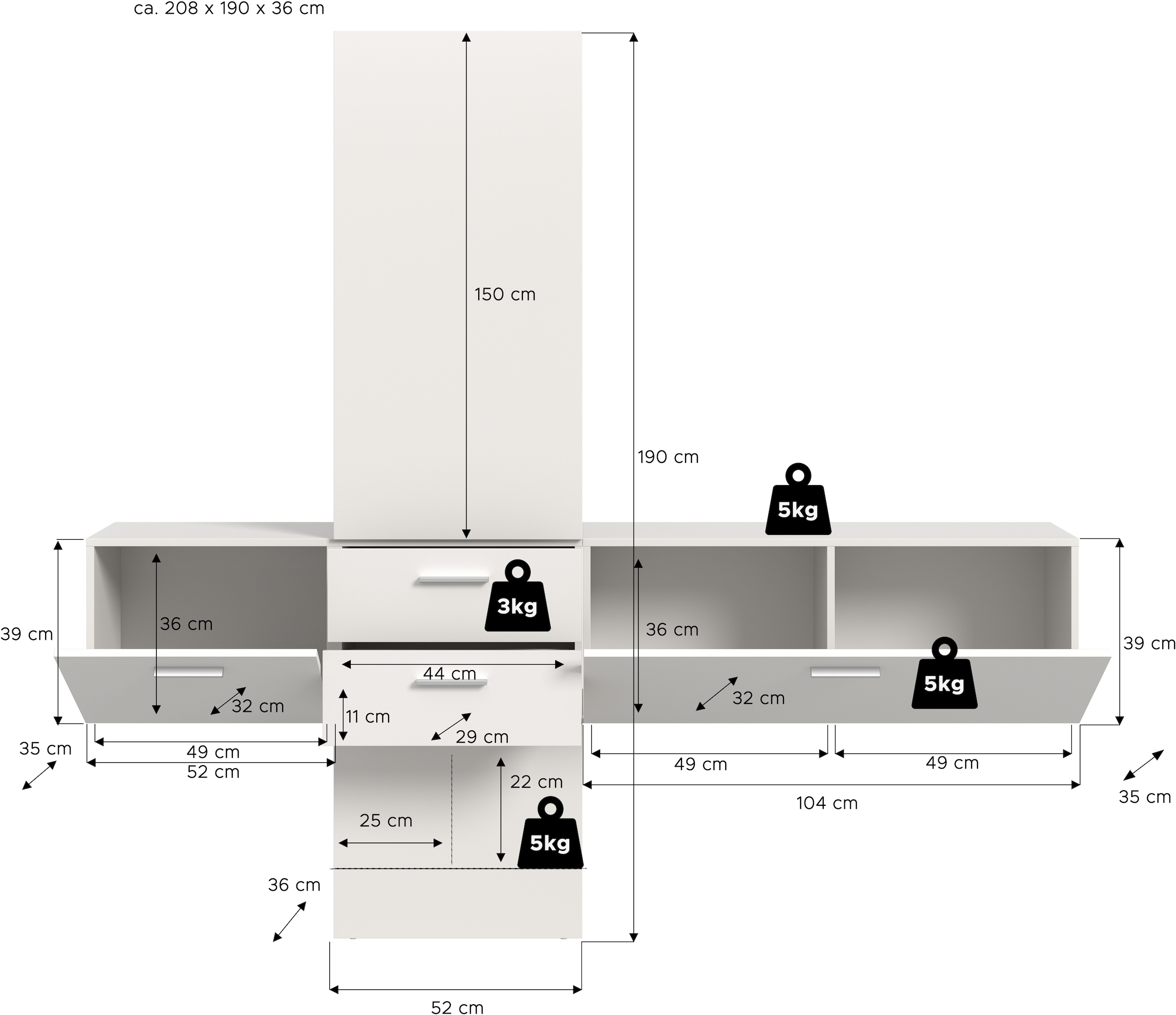 INOSIGN Garderoben-Set, (Set, 3 St.), Lumo, Garderobenset Breite 208 cm, Spiegel, 2 Schubladen, Flur, Diele