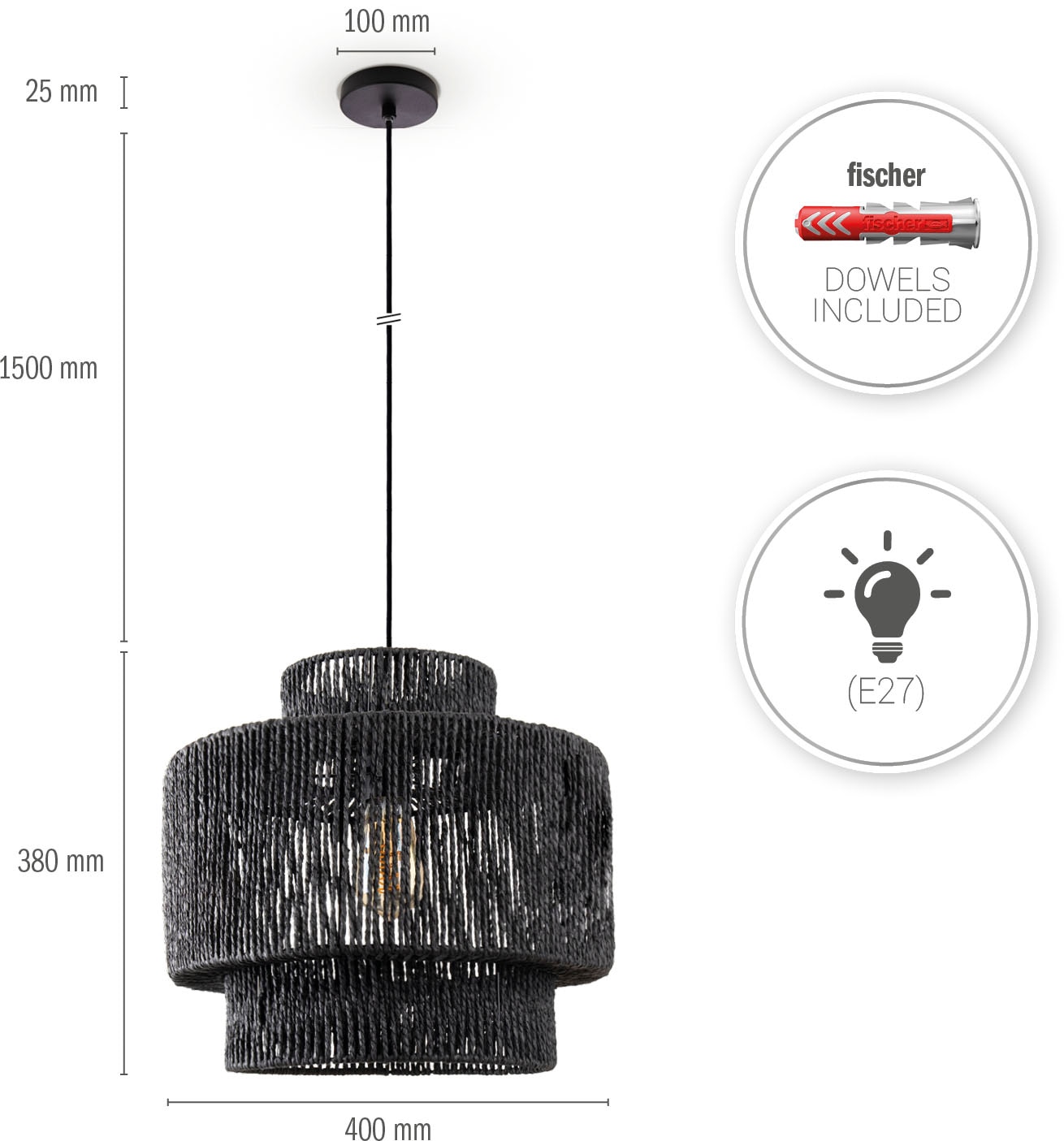 Paco Home Pendelleuchte »Hugo Lupita«, Leuchtmittel E27 | ohne Leuchtmittel, Wohnzimmer Esszimmer Rattan Optik Boho Lampenschirm Papier