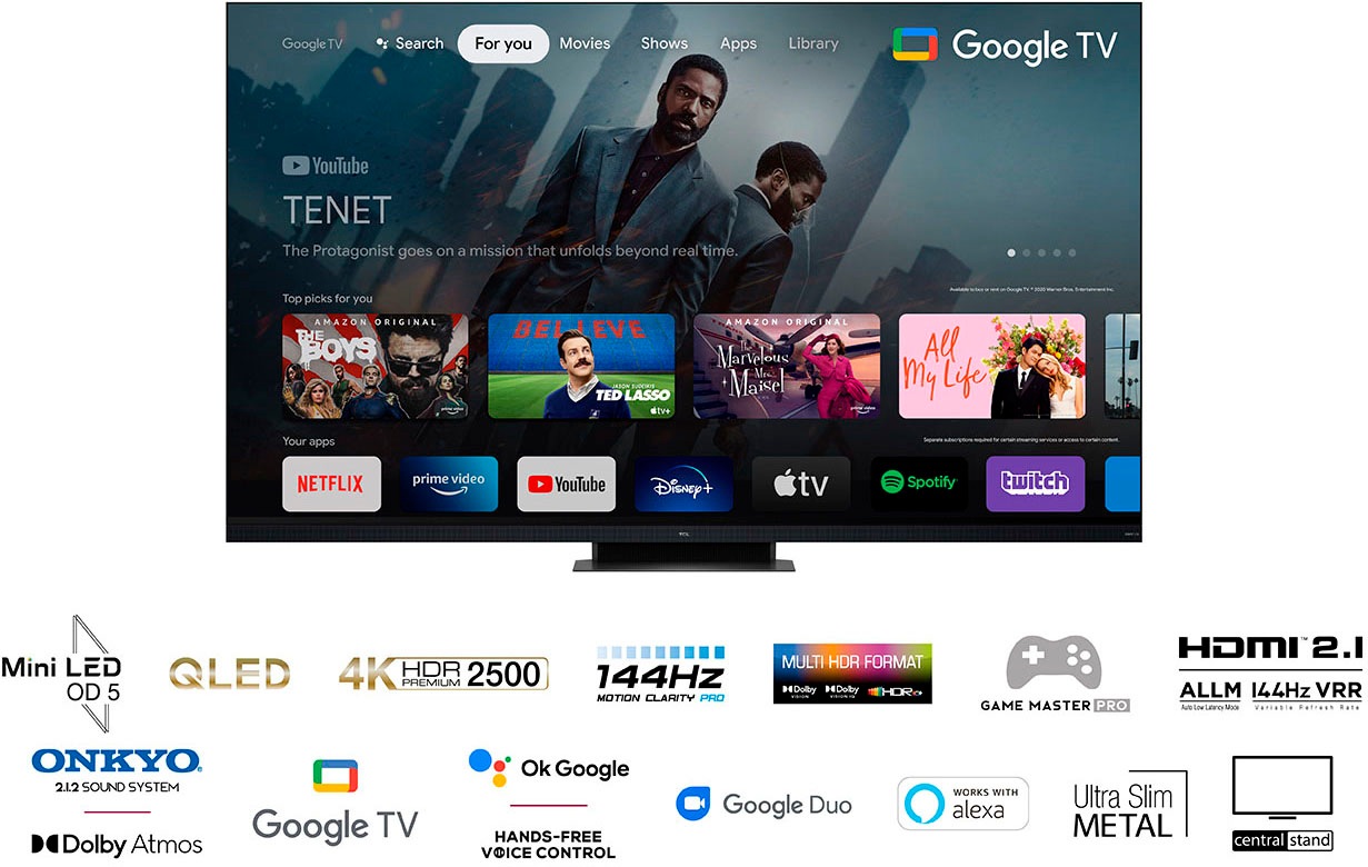 TCL QLED Mini LED-Fernseher »65C935X2«, 4K Ultra HD, Google TV-Smart-TV, 2500nits, HDR Extreme, Dolby Atmos, HDMI 2.1, ONKYO-Soundbar
