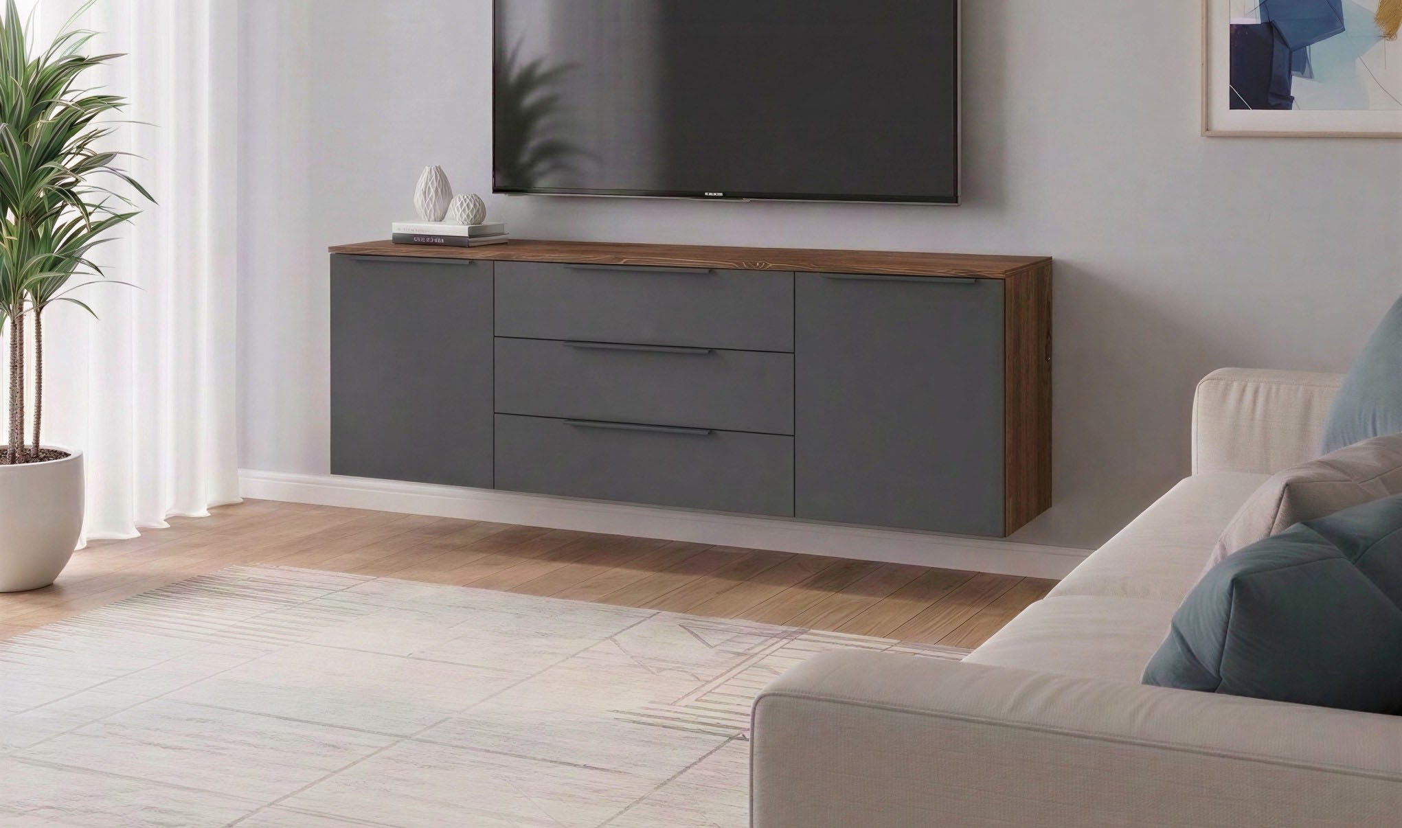 borchardt Möbel Sideboard "Tom, Kommode Breite 166cm, hängend oder stehend mit Metallgriffen" 2 Türen 3 Schubkästen, verstellbare Einlegeböden