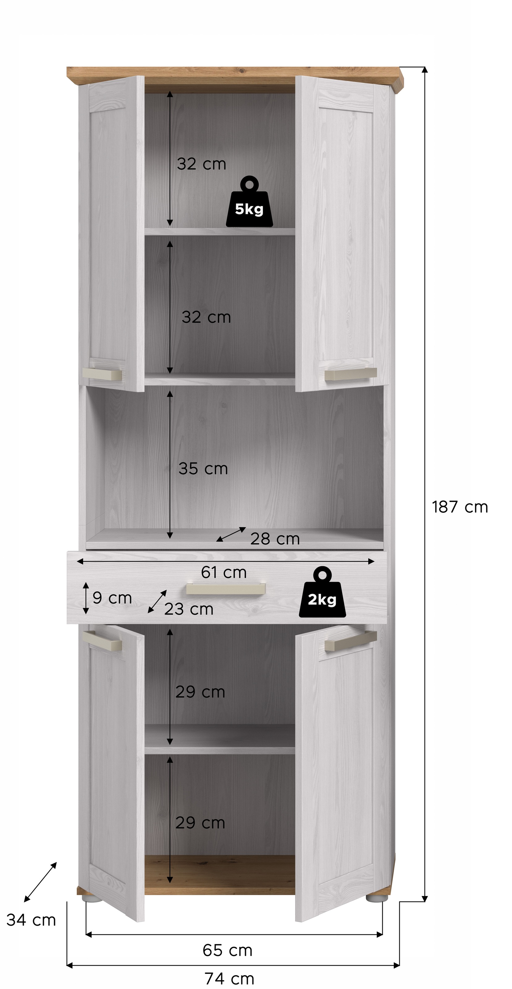 welltime Hochschrank »COSENZA, Höhe 187cm, 4 Türen, 1 Schubkasten, 1 offenes Fach« in Landhausoptik, mit weiteren Artikel der Serie kombinierbar, 1 Stk. tlg. Hochschrank, Bad, Badezimmerschrank