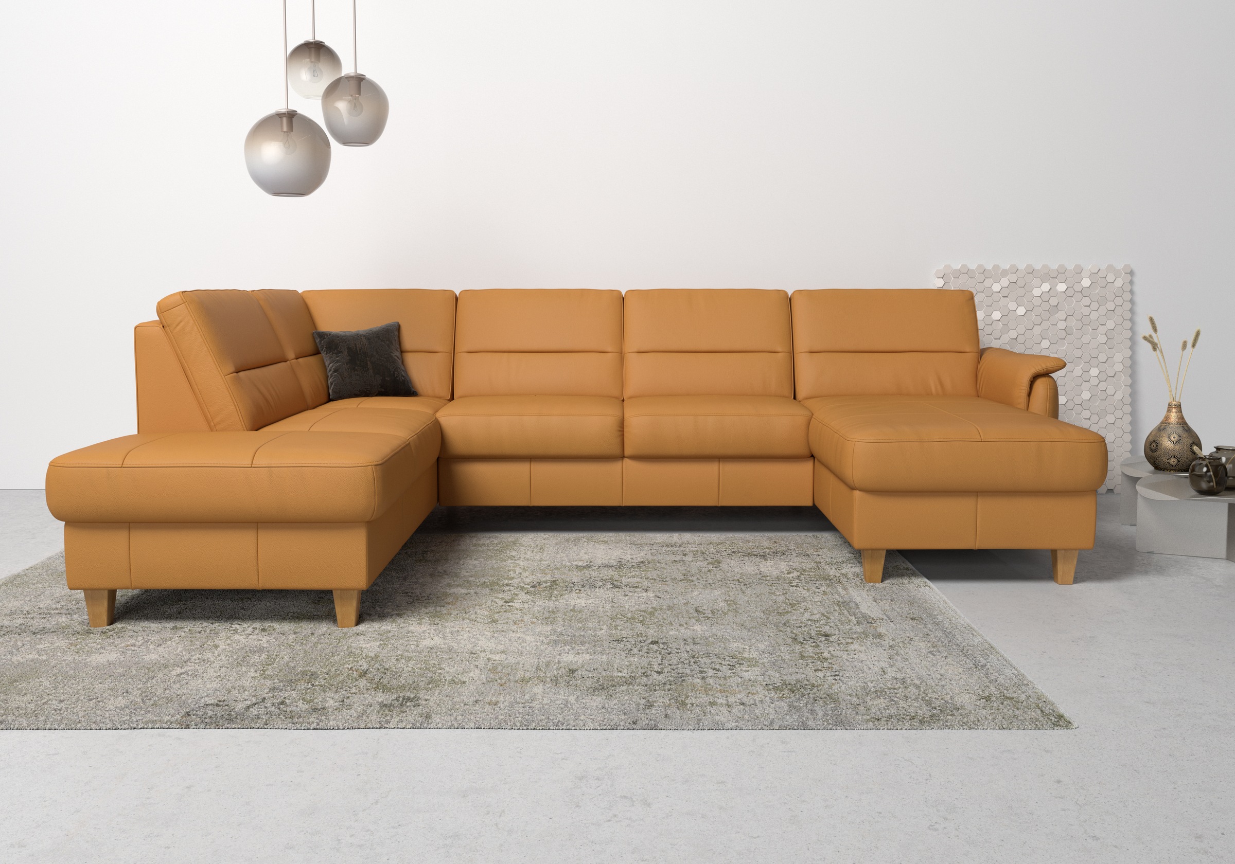 Wohnlandschaft HOME AFFAIRE "Palmera U-Form, B: 308 cm", gelb (curry), B:308cm H:89cm T:212cm, Luxus-Microfaser (100% Polyester);Struktur (100% Polyester);Luxus-Microfaser in Lederoptik (100% Polyester), Sofas, Wohnlandschaft, optional Bettfunktion & Bett 7