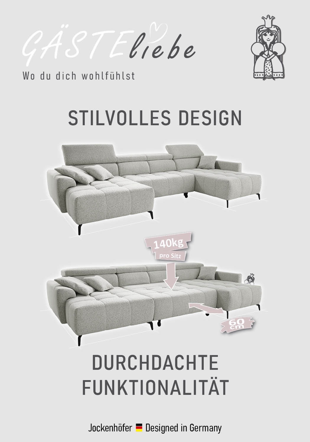Jockenhöfer Gruppe Wohnlandschaft »Ultima, U-Form, B: 363cm, mit 60 cm elektrischer Sitztiefenverstellung« 140kg Belastbarkeit je Sitz, verstellbaren Kopfstützen, USB-Ports