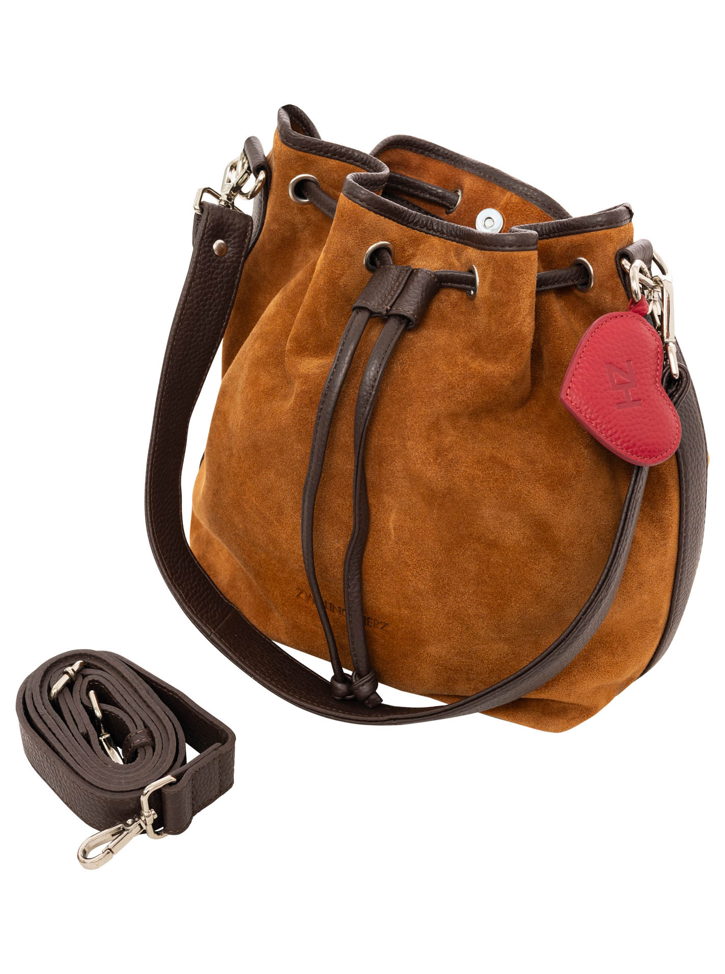 Zwillingsherz Beuteltasche ""Suede Drawstring Bag"" Beuteldesign, Kordelzug-Verschluss, softes Wildleder, Herz-Anhänger