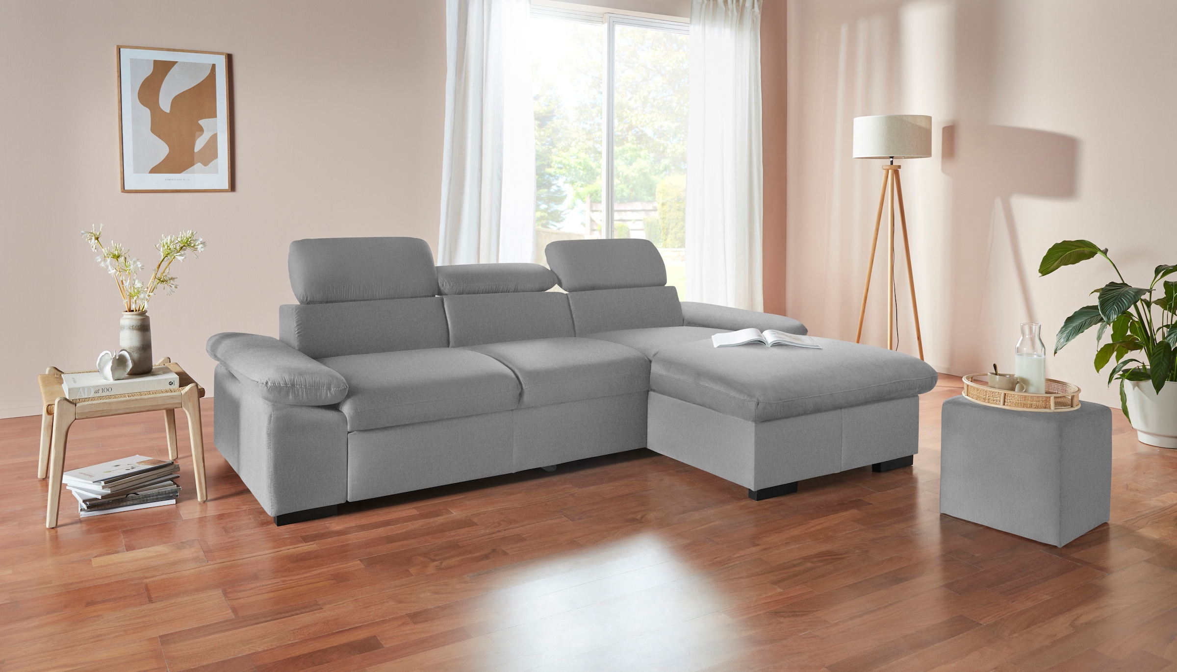 COTTA Ecksofa »Lola L-Form mit Kopfteilfunktion & Hocker«, (Set, mit Hocker), wahlweise mit Bettfunktion, Bettkasten & Armteilverstellung