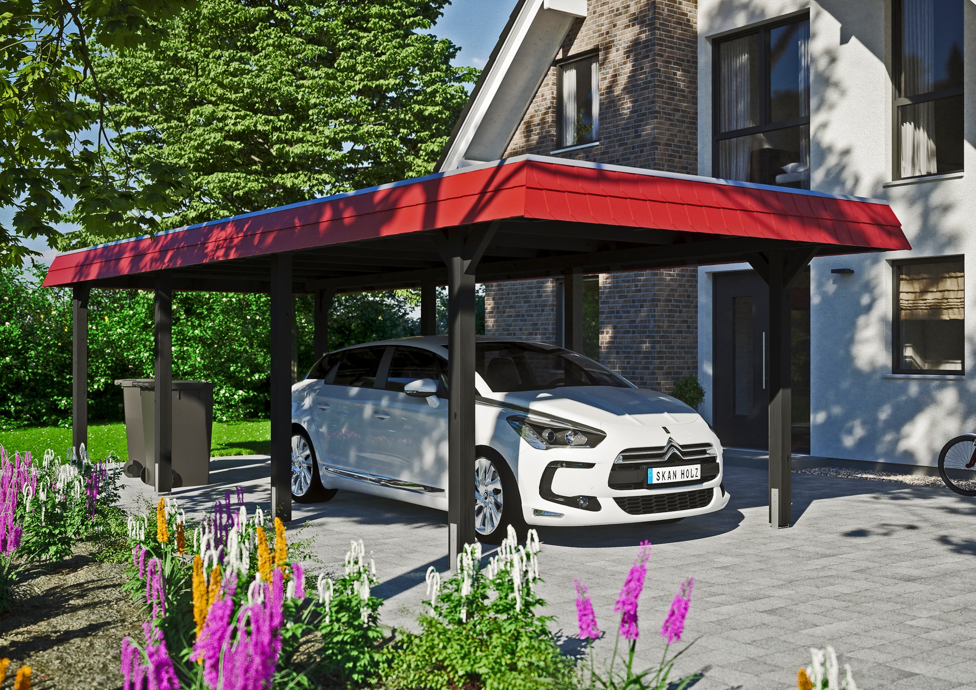 Skanholz Einzelcarport »Wendland«, Holz, 291 cm, Anthrazit, rote Blende