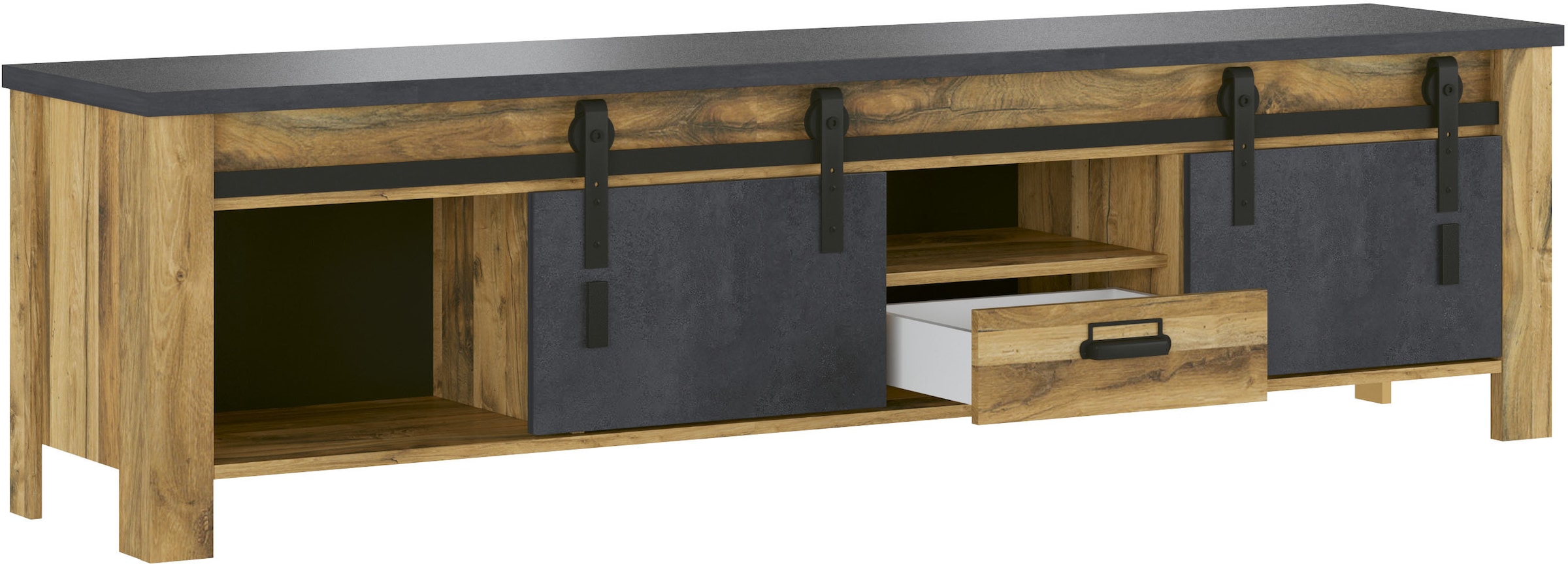 Home affaire TV-Schrank »York, moderner Unterschrank, Kommode im Industrialdesign«, mit Apothekergriffen & Scheunentorbeschlägen aus Metall, 201 cm breit