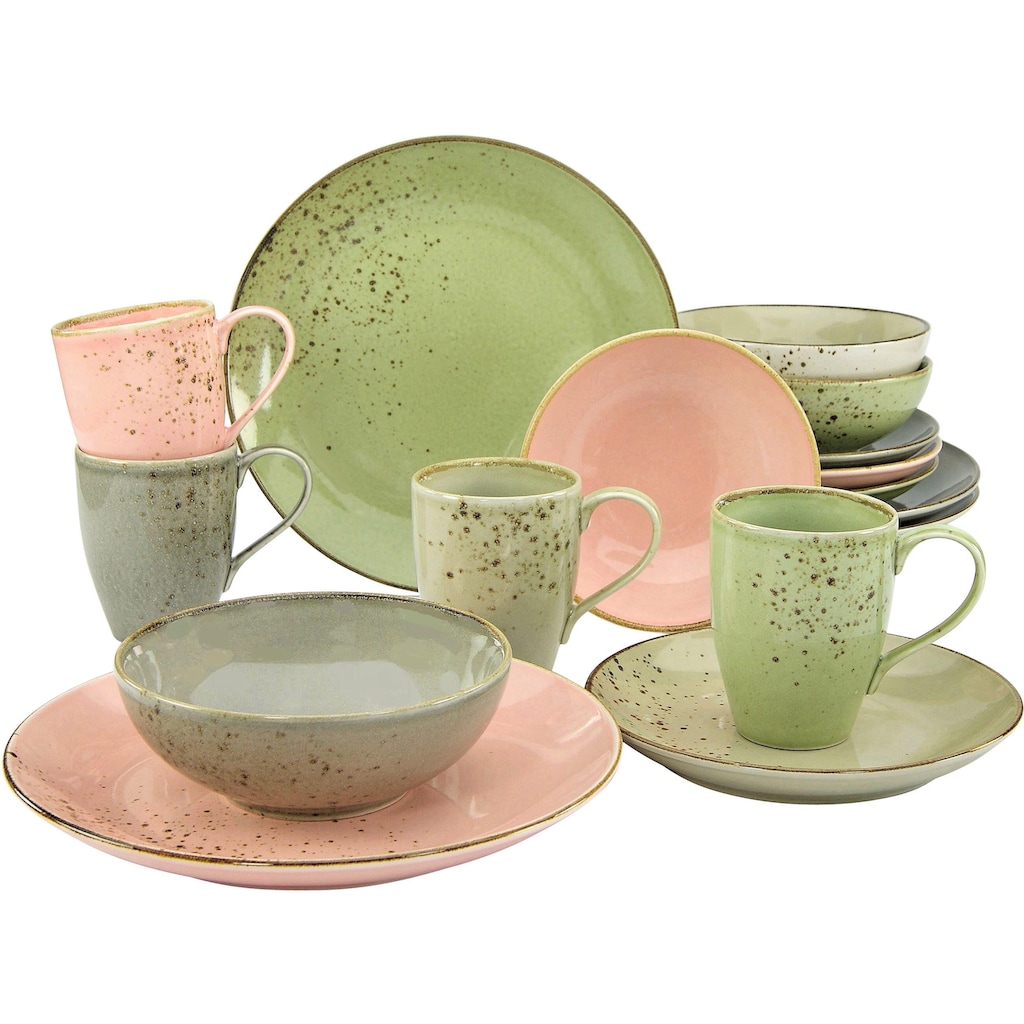 CreaTable Kombiservice »Geschirr-Set NATURE COLLECTION Vintage Garden«, (16 tlg., Kaffeeservice und Tafelservice im Set, für 4 Personen)