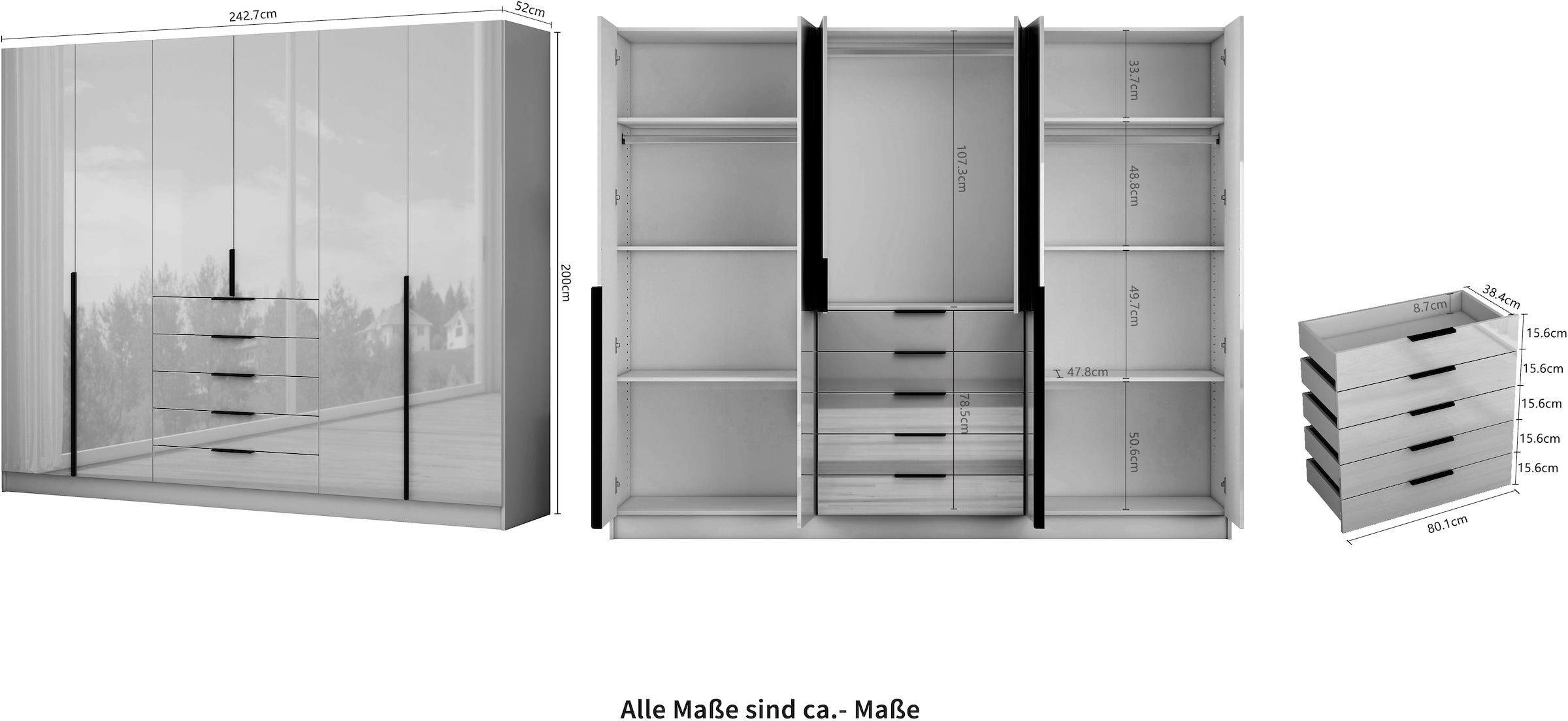 OTTO home Kleiderschrank »Annor Schlafzimmerschrank Breite 242cm hochglanz Schrank Garderobe« Drehtürenschrank mit perfekter Innenausstattung - elegante Türgriffe