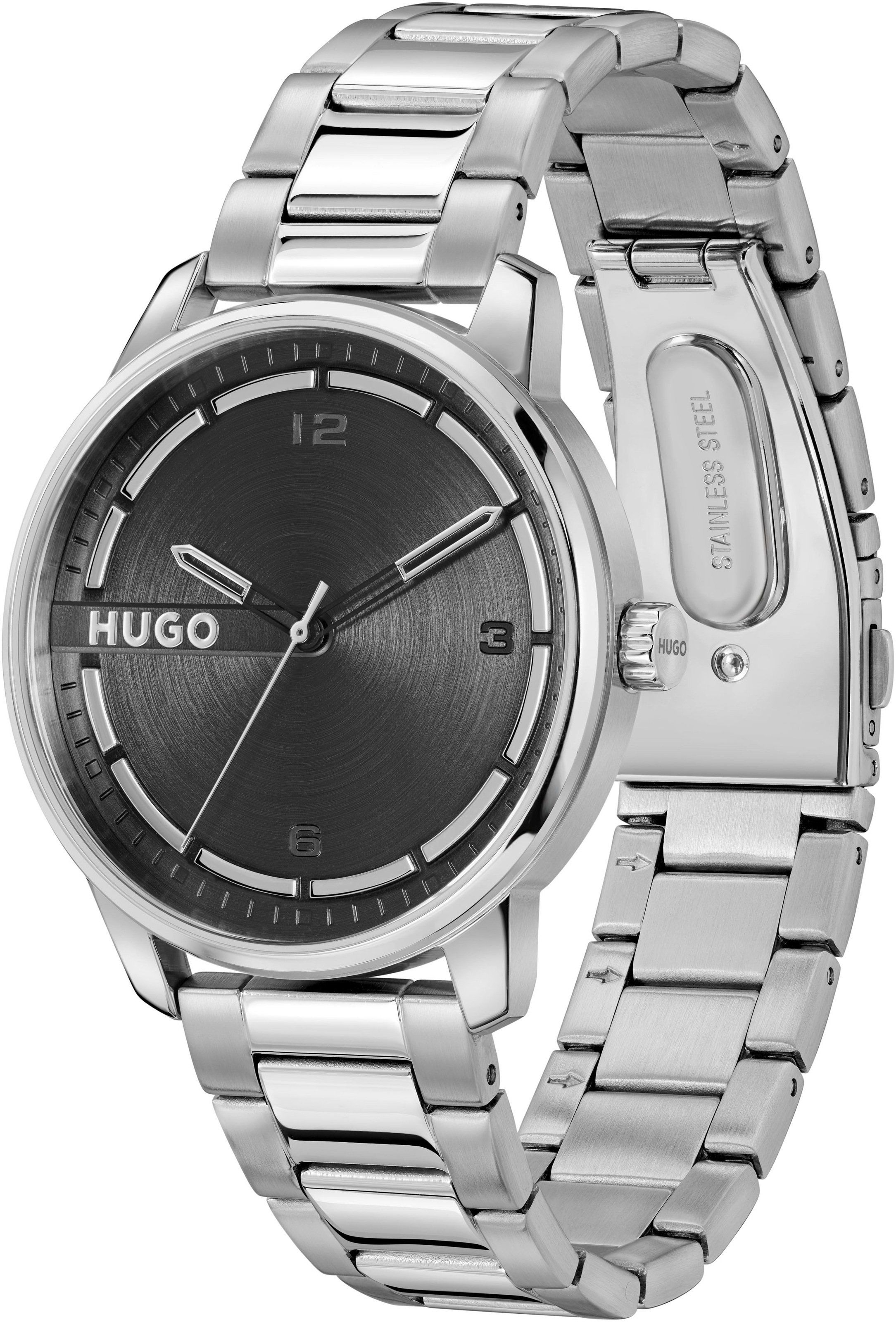 HUGO Quarzuhr »#STAMP«, Armbanduhr, Herrenuhr, analog, Edelstahlarmband