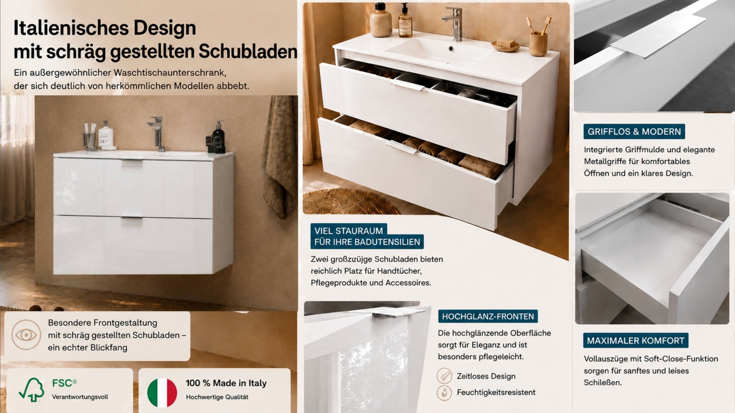 welltime Waschtisch »VELA, 82,3 cm breit, Hochglanz-Schubladen, Made in Italy« 1 Stk. tlg. Waschtischunterschrank, inkl. Waschbecken, schräge Design-Schublade