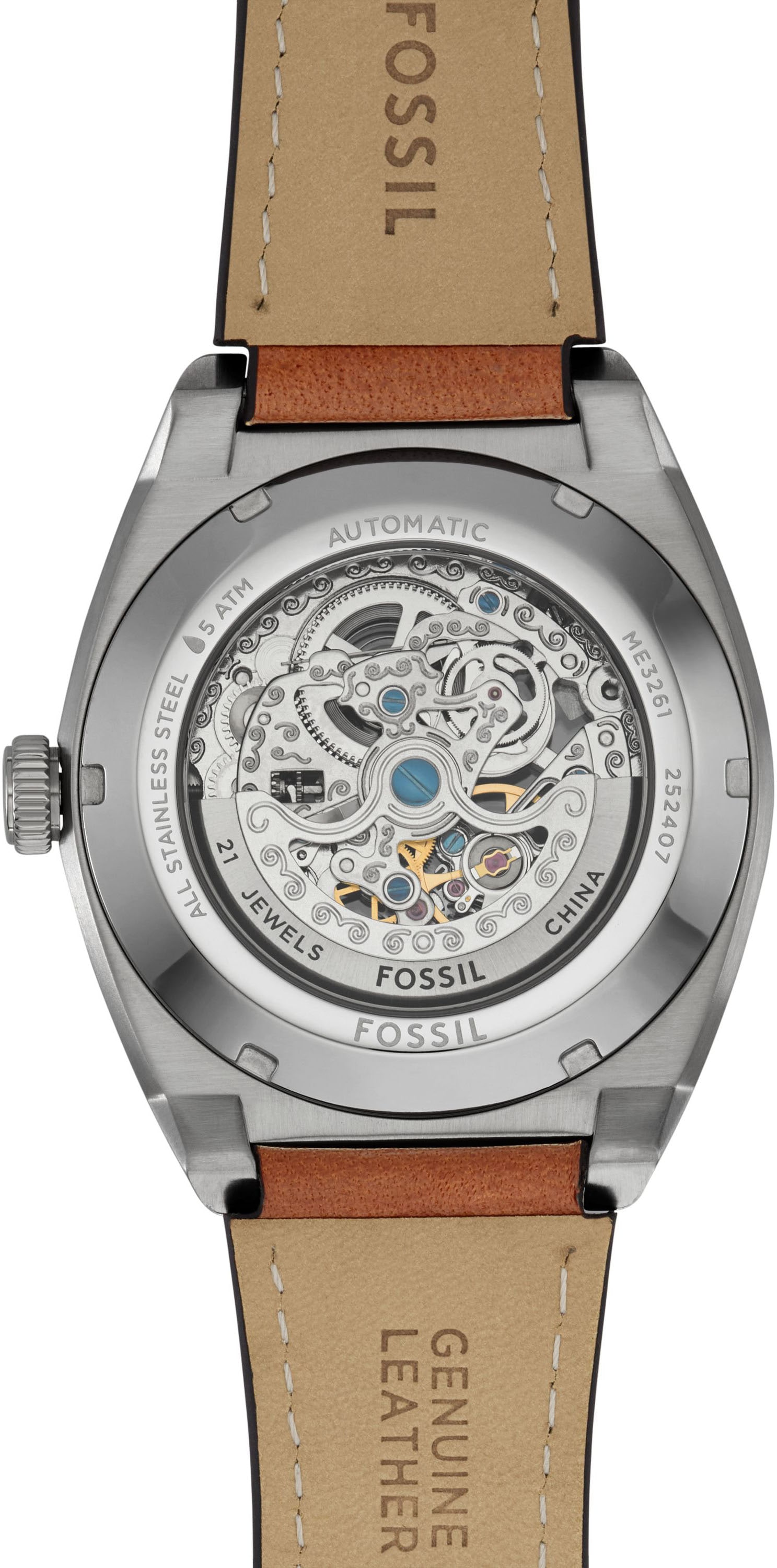 Fossil Automatikuhr »EVERETT«, Armbanduhr, Herrenuhr, Mechanische Uhr, Lederarmband, analog