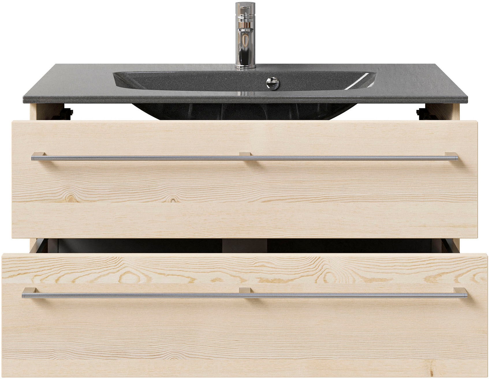 Saphir Badmöbel-Set »Serie 6025 2-teilig Mineralmarmor-Waschtisch mit LED-Spiegelschrank«, (2 St.), Waschplatz 97 cm breit, 2 Schubladen, 3 Spiegel-Türen, inkl Türdämpfer