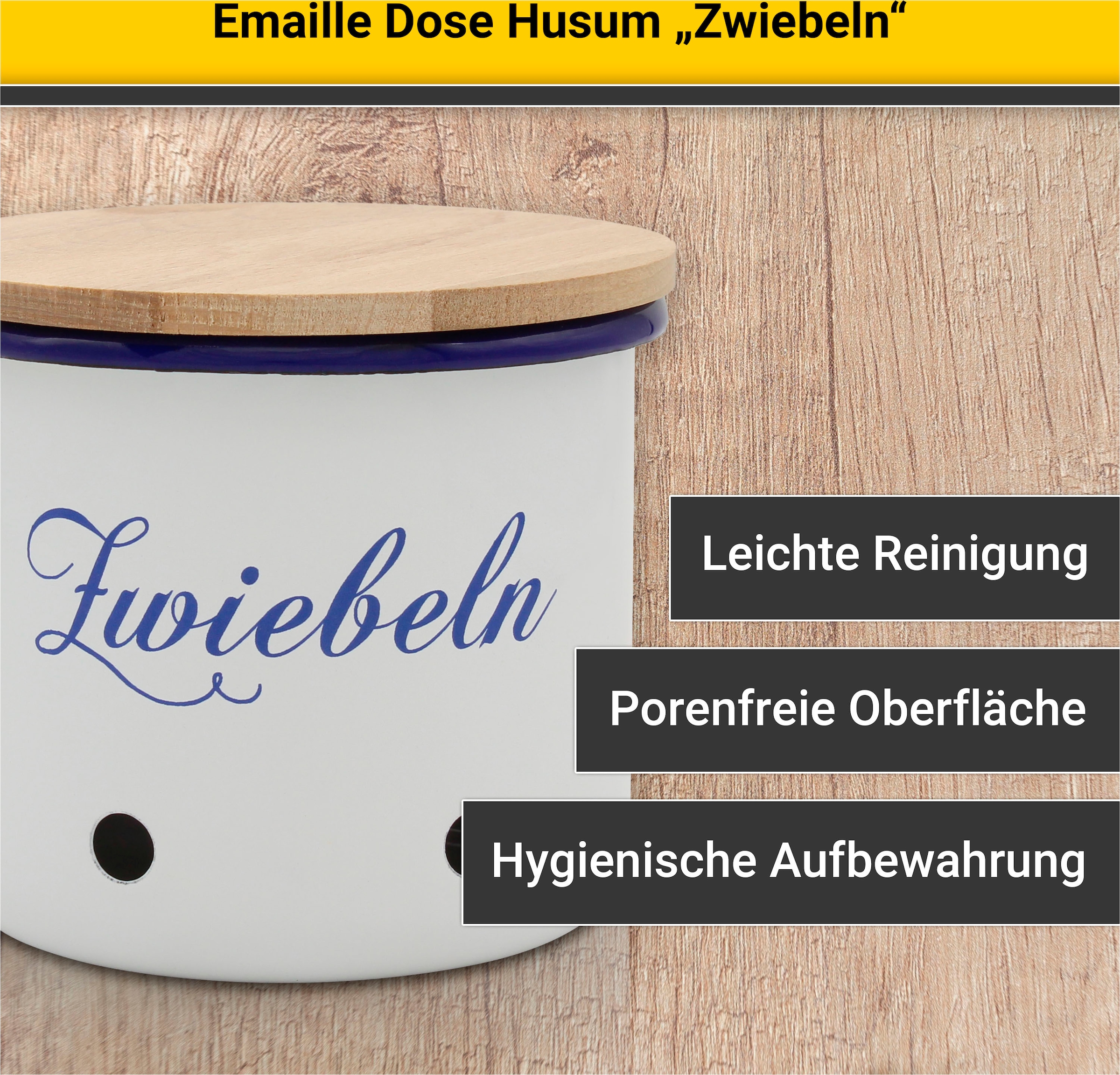 Krüger Vorratsdose »Emaille Vorratsdose Husum für Zwiebeln mit Holzdeckel, 12 cm«, (1 tlg.), schnitt-/kratzfeste Oberfläche, Bakterienabweisend, extrem langlebig