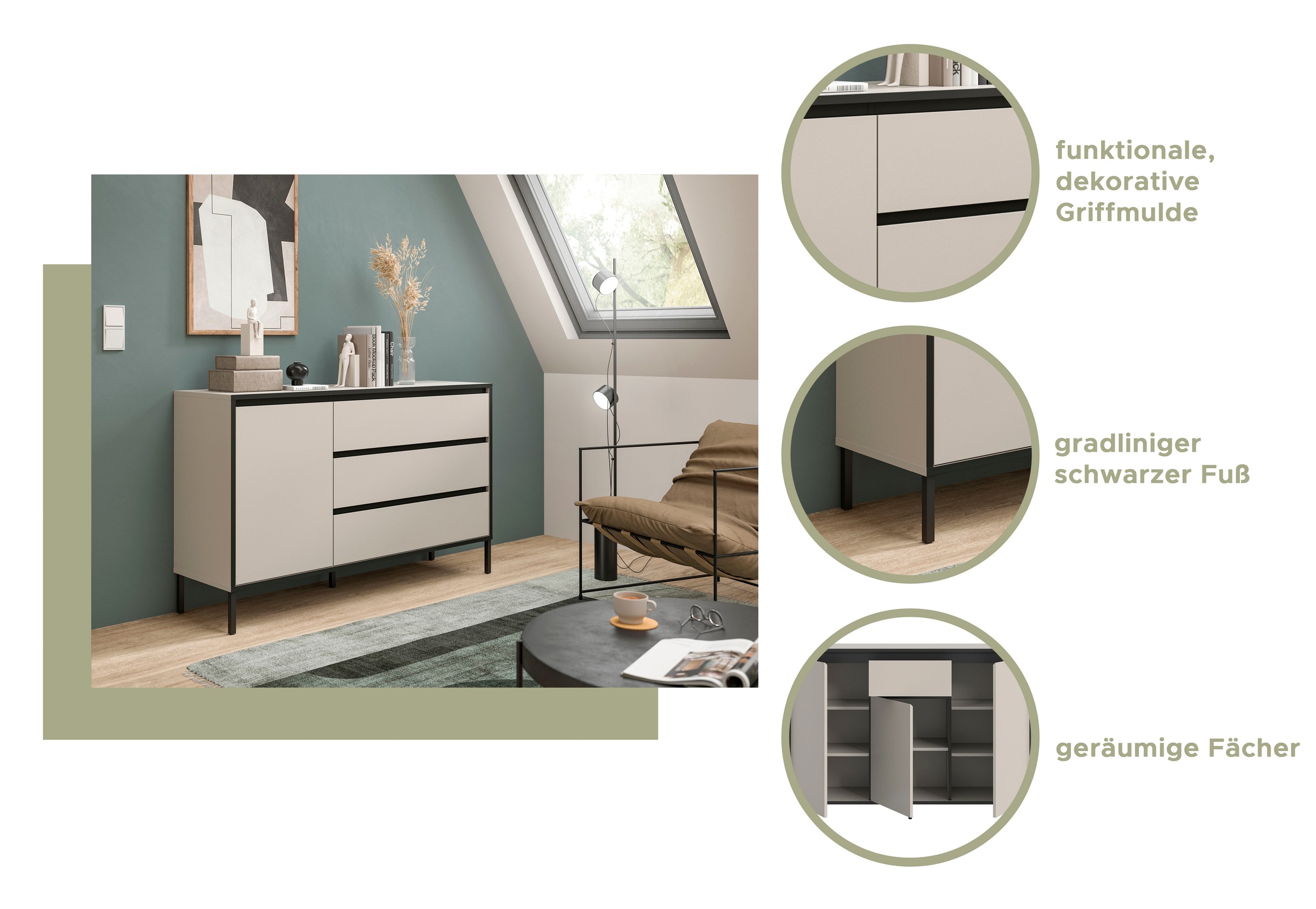 INOSIGN Kommode »NORT, Höhe: 92 cm, mit Metall Stabfuß, 2 Türen, 2 Einlegeböden«, Anrichte, Sideboard, Schrank, Board, Highboard