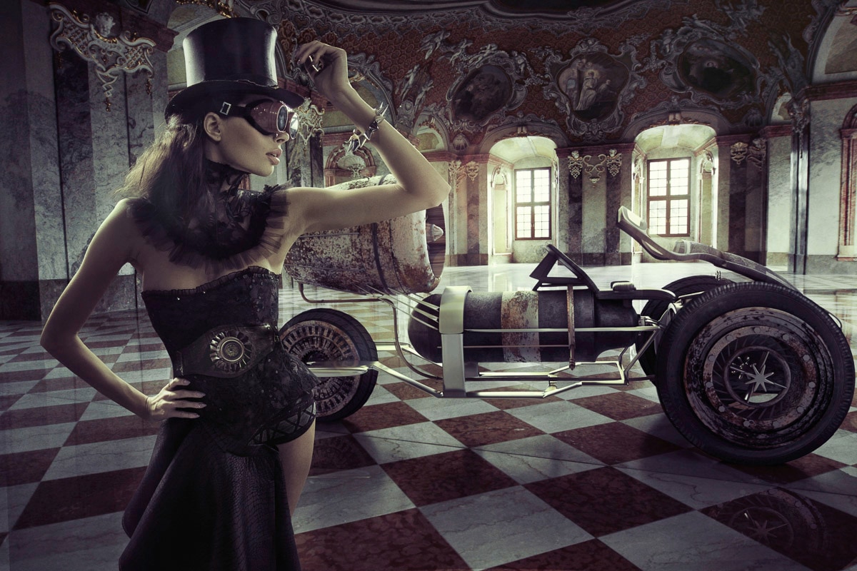 Papermoon Fototapete "STEAMPUNK-FRAU SEXY FANTASIE SURREAL KUNST RETRO AUTO"