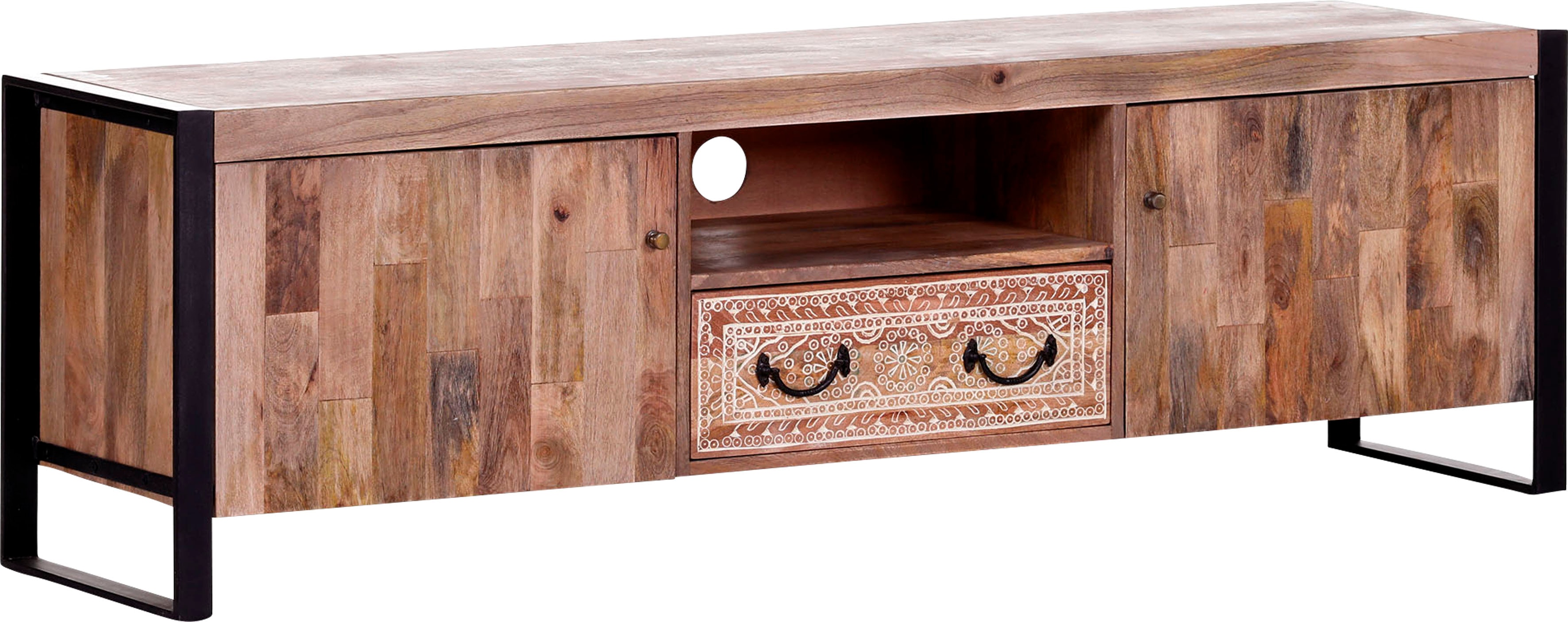 Gutmann Factory Lowboard "Clint, Sideboard, Breite 165 cm" aus Mangoholz, gebeizt und lackiert, Metall Rahmen, schwarz lackiert