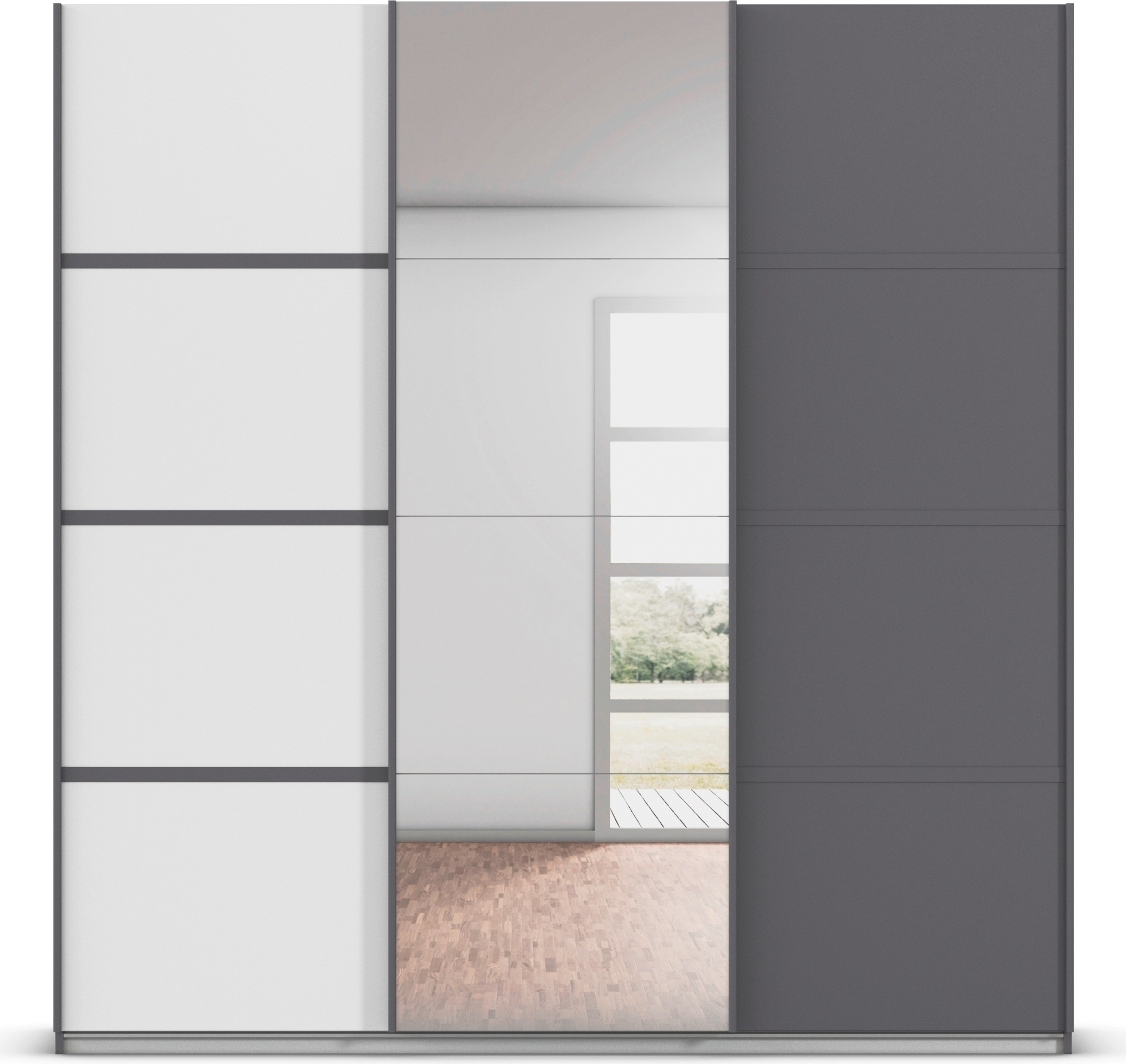 rauch Kleiderschrank »Schwebetürenschrank Garderobe Schrank TOP ANGEBOT Avola«, (in 3 verschiedenen Ausstattungen BASIC/CLASSIC/PREMIUM inkl. Spiegel), mit eleganten Zierleisten in Chrom, Schwarz oder Weiß MADE IN GERMANY