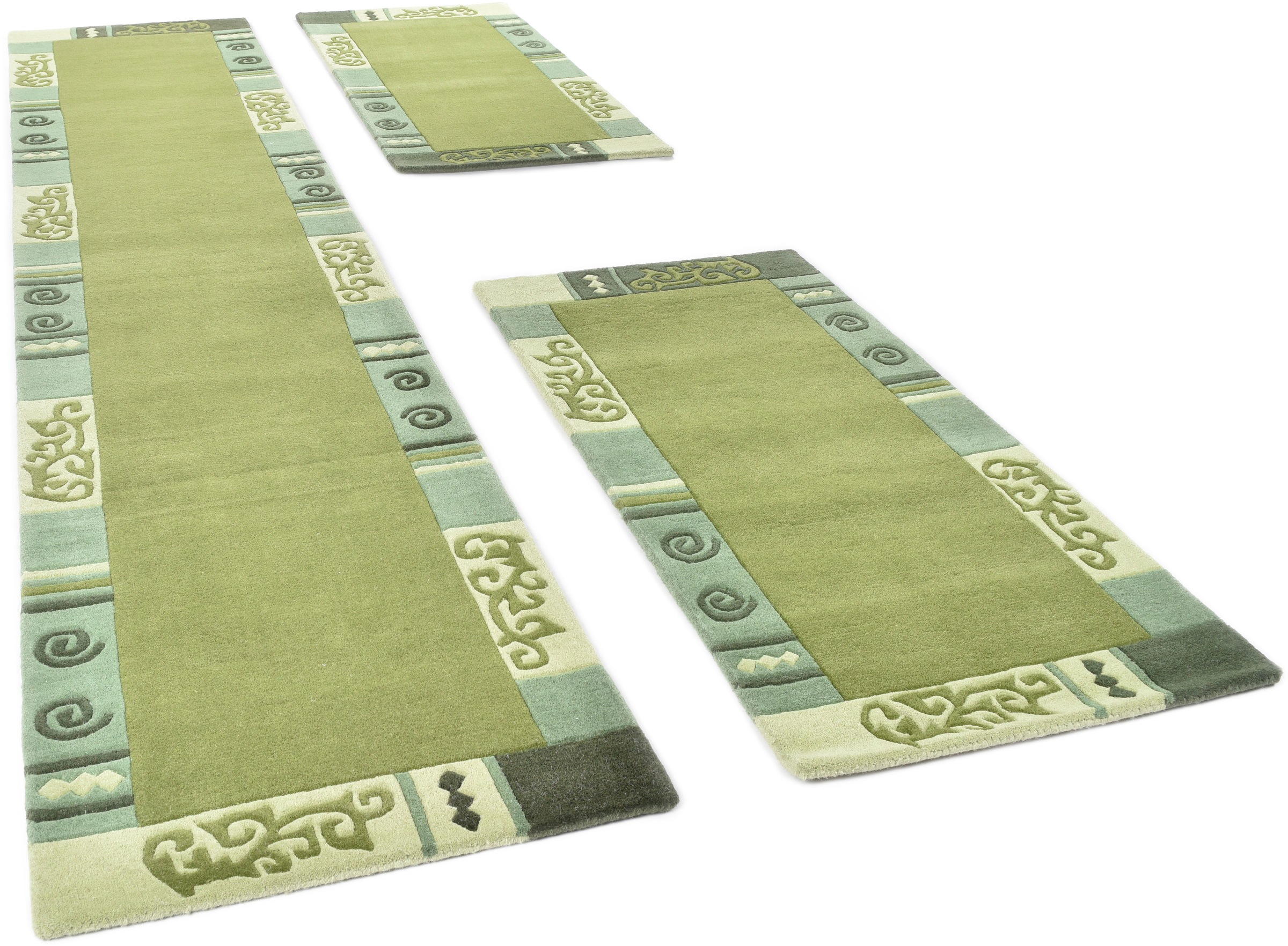 Bettumrandung THEKO, H:14mm, grün, Obermaterial: 100% Wolle, Schlafzimmer, Bettumrandungen, "Ambadi", Bettvorleger, reine Wolle, mit Bordüre,