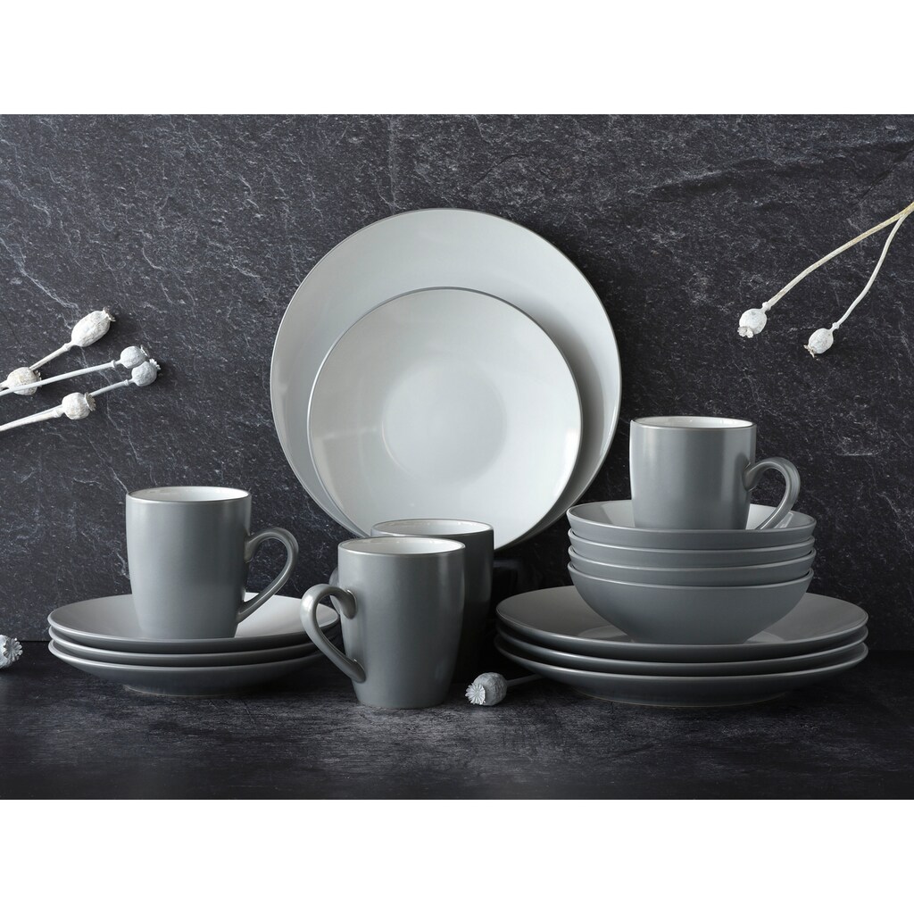 CreaTable Kombiservice »Geschirr-Set Cool Grey«, (Set, 16 tlg., Kaffeeservice und Tafelservice im Set, für 4 Personen)