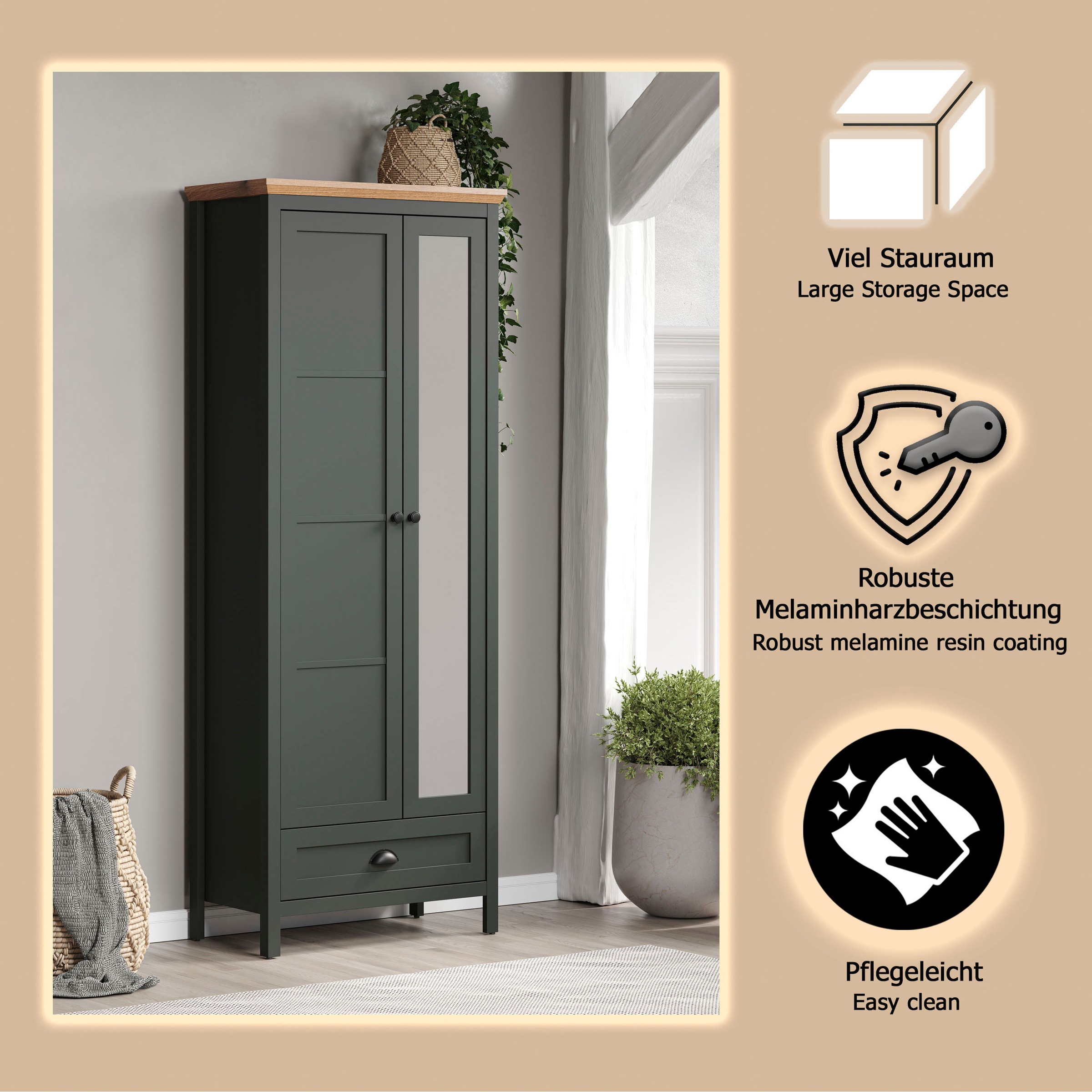 Home affaire Garderobenschrank »Vienna« 1 Stk. tlg. Garderobenschrank, 2 Türen, 1 Schubkasten & Vollauszug 77/39/198 cm