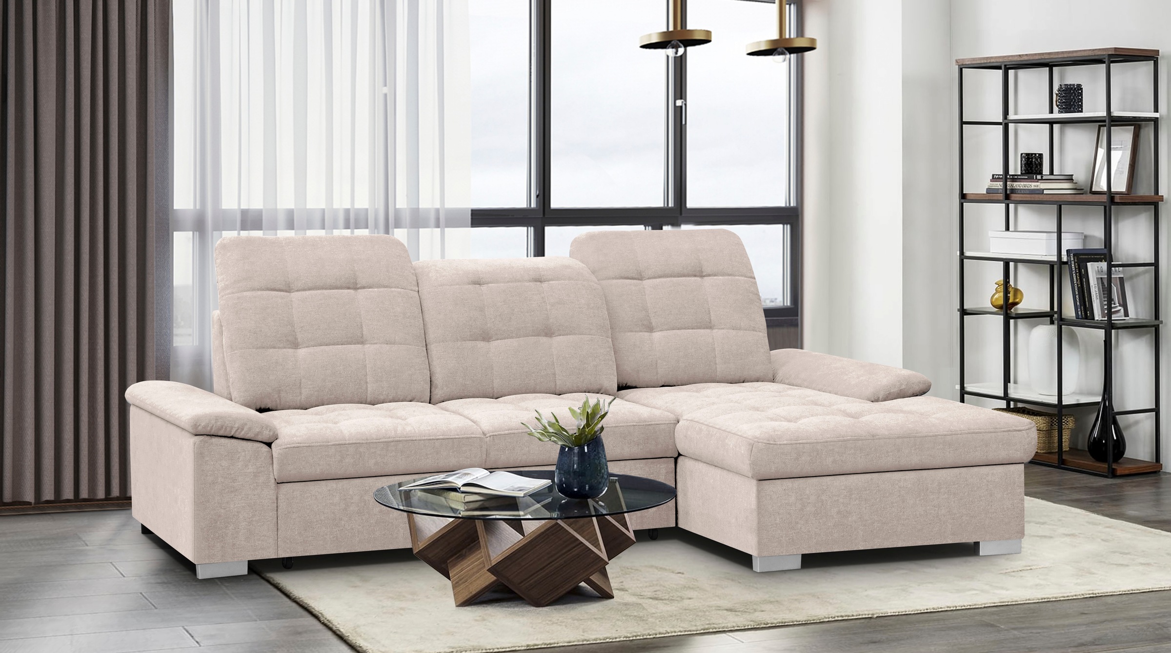 WERK2 Ecksofa "Carmen 264 cm breit L-Form Sofa Schlaffunktion Kopfstützen verstellbar" Schlafcouch mit Bettkasten, Eckcouch wahlw. mit Sitztiefenverstellung