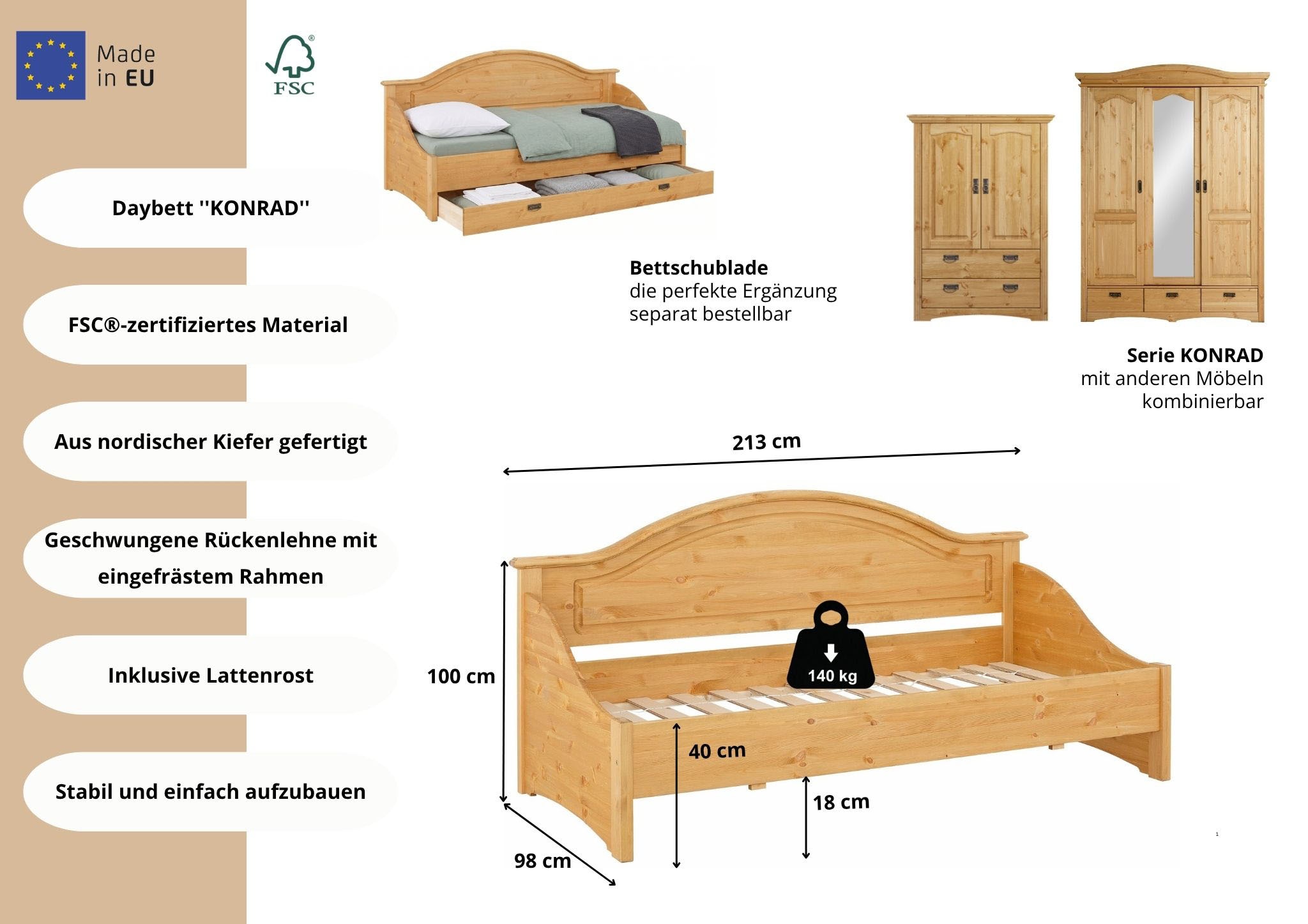 OTTO home Daybett »Konrad« stabile Konstruktion aus massiver Kiefer, mit Rollrost