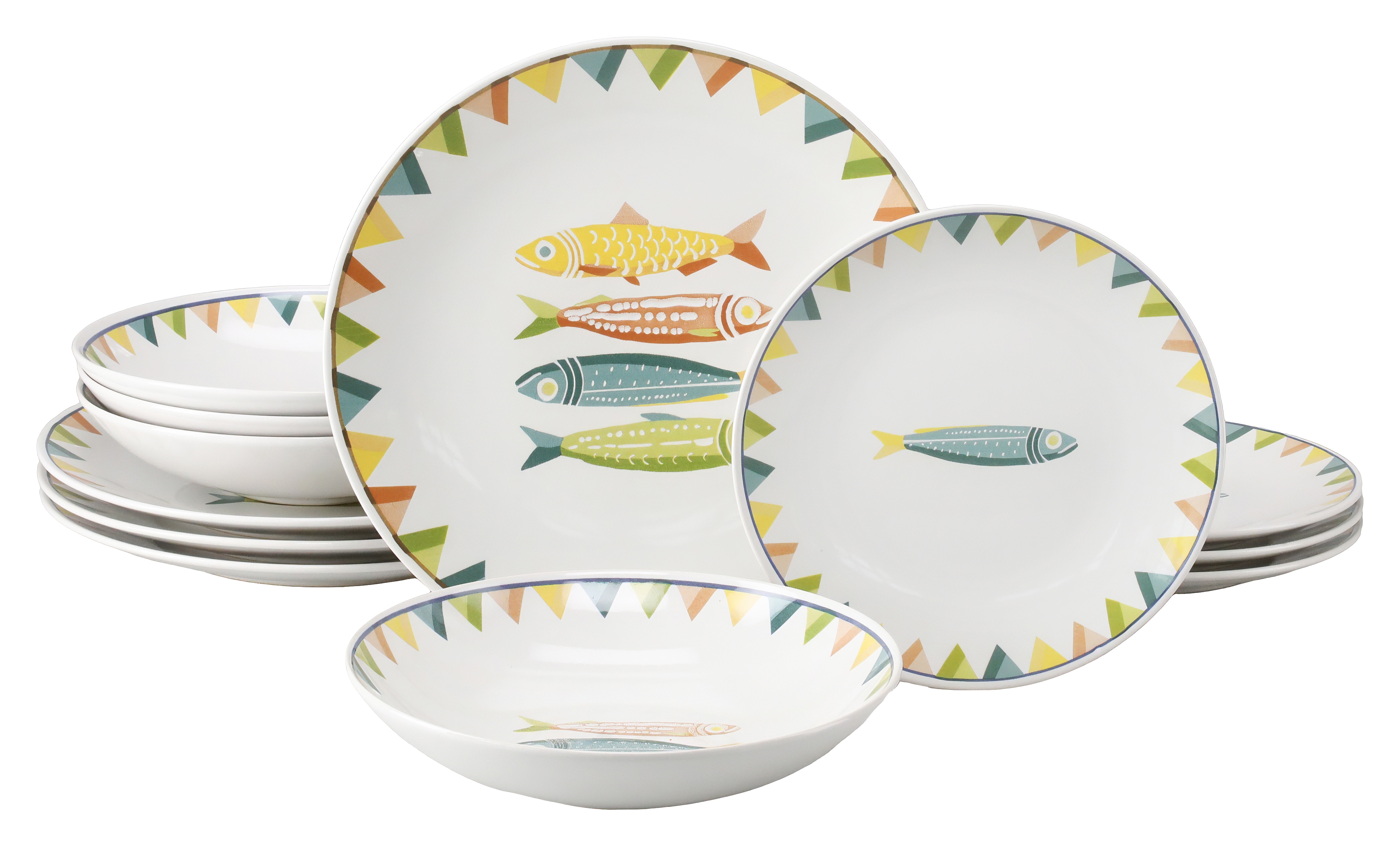 CreaTable Teller-Set "Sardinhas, Geschirr-Set, 12-tlg." Hochwertiges Steinzeug, Zentrales Sardinen-Motiv