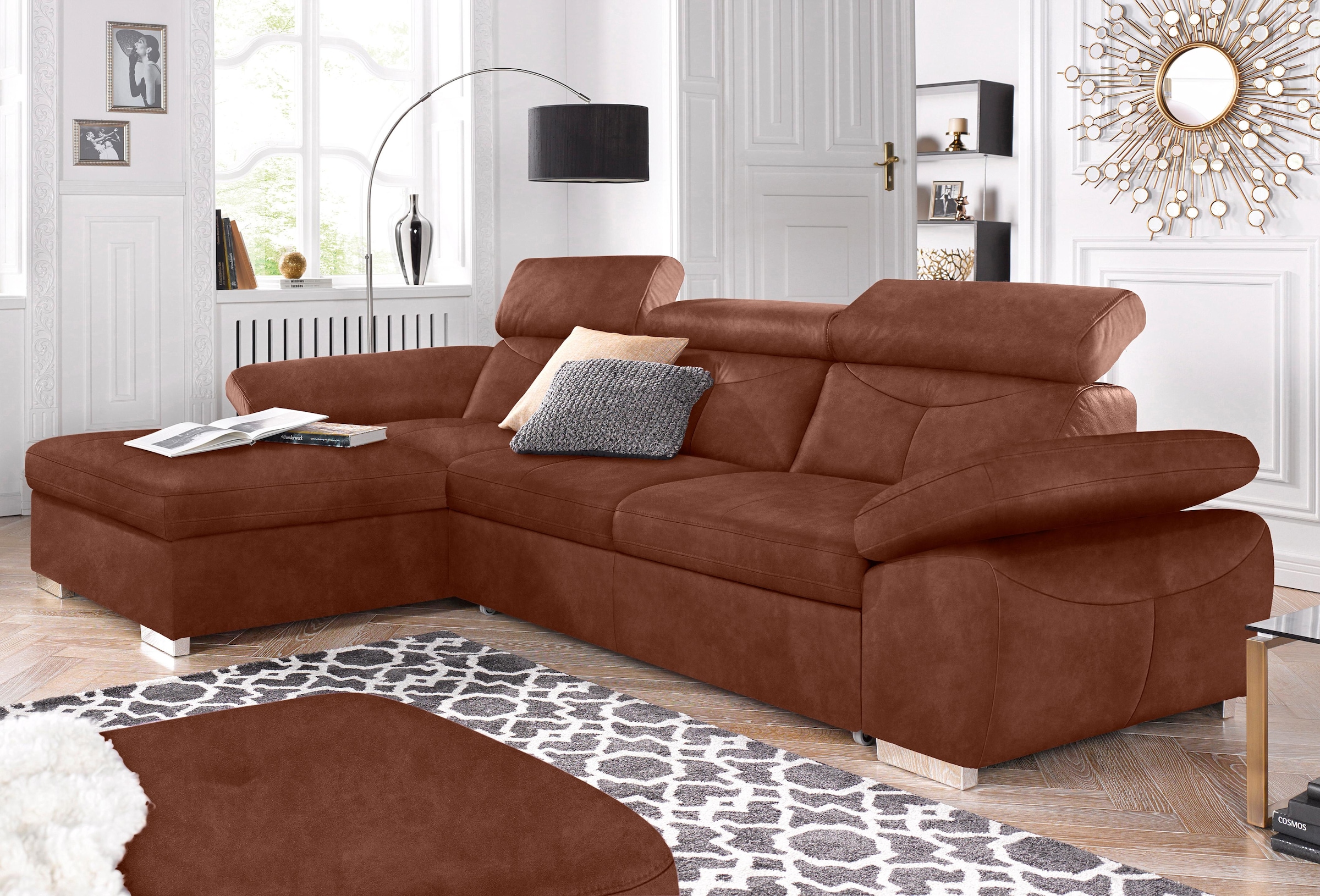 exxpo - sofa fashion Ecksofa "Spring, super bequem, mit Armteil- und Kopfteilfunktion" mit Bettfunktion & Bettkasten, Luxus-Microfaser +Simply Clean