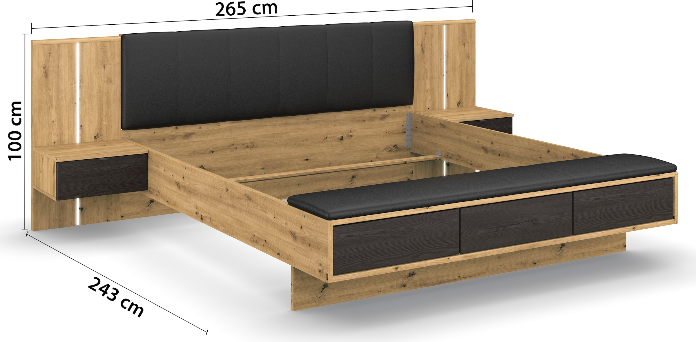 rauch Bettanlage »Bett Doppelbett Komfortbett Funktionsbett APOLLON« Liegefläche 180x200, optional mit Bettbank und Stauraum, 3 tlg. tlg. Polster-Kopfteil in Lederoptik black, mit Beleuchtung MADE IN GERMANY