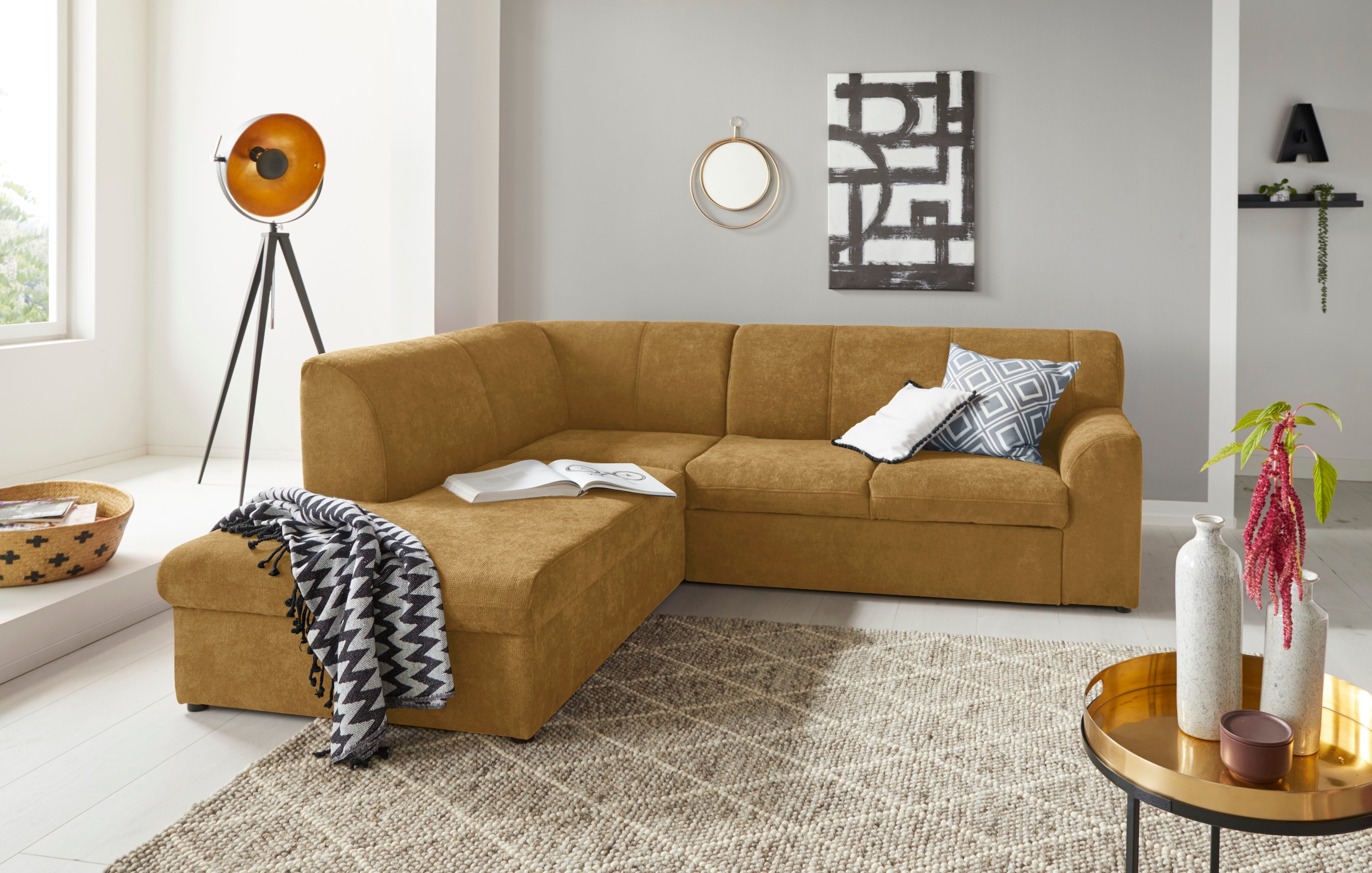 DOMO collection "Topper zeitlos elegant, kompakte StellmaßeL-Form" mit Ottomane, wahlweise mit Schlaffunktion