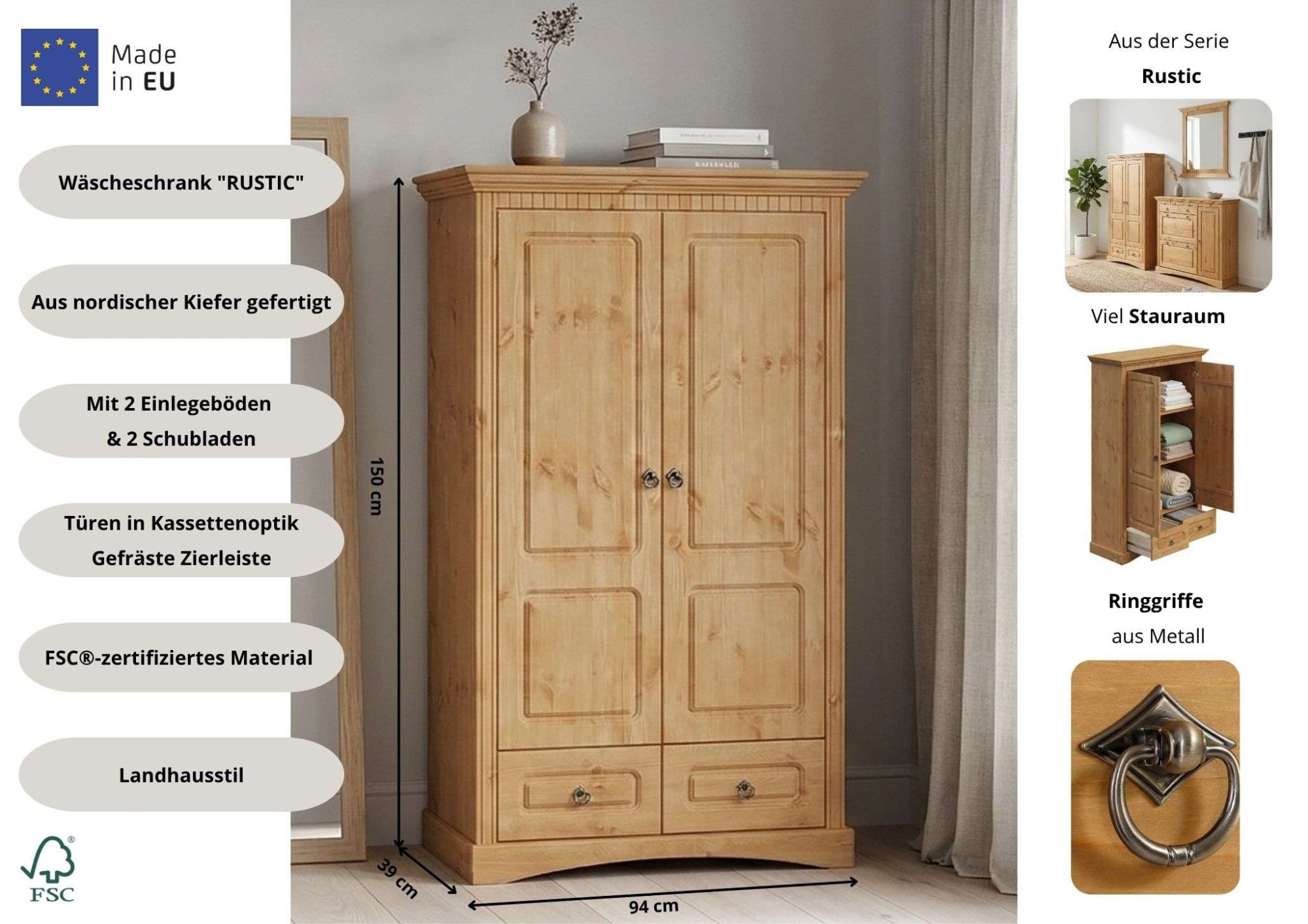 OTTO home Wäscheschrank »Rustic« B/T/H: 94/39/150 cm,  aus massiver Kiefer, FSC®, schöne Kassettenoptik, mit Ringgriffen