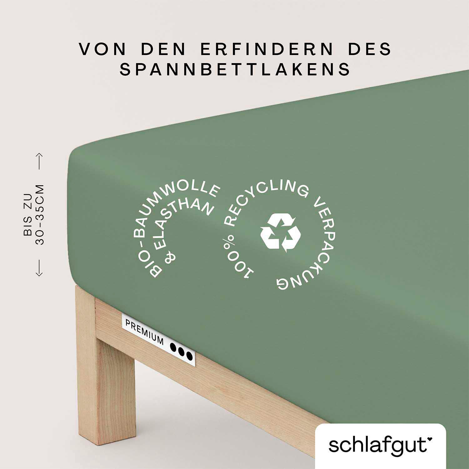 Schlafgut Spannbettlaken "PREMIUM Mako-Zwirn-Jersey, 220 g/m², 95% Bio-Baumwolle, 5% Elasthan" Bettlaken bis 30 cm Höhe, PREMIUM-Qualität langlebig, perfekter Sitz