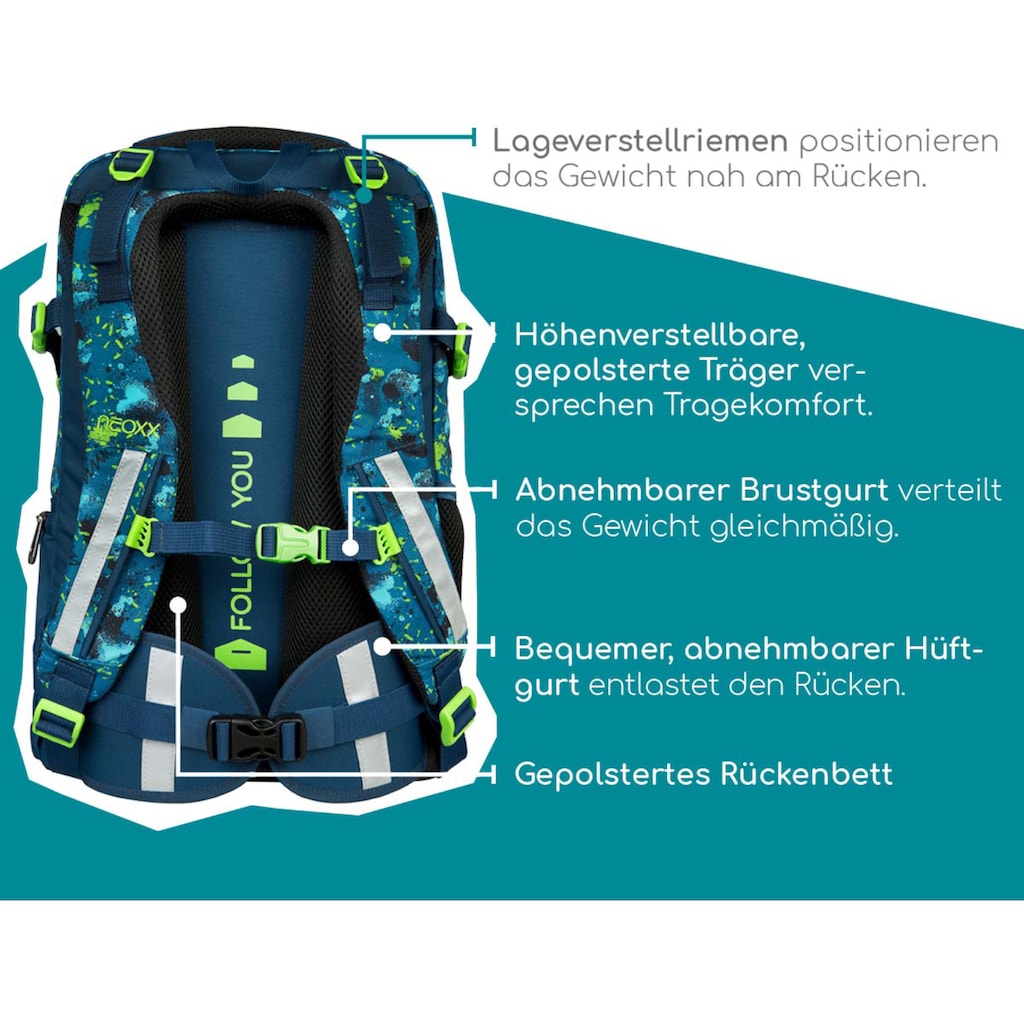 neoxx Schulrucksack »Active, Petrol Extreme«, reflektierende Details