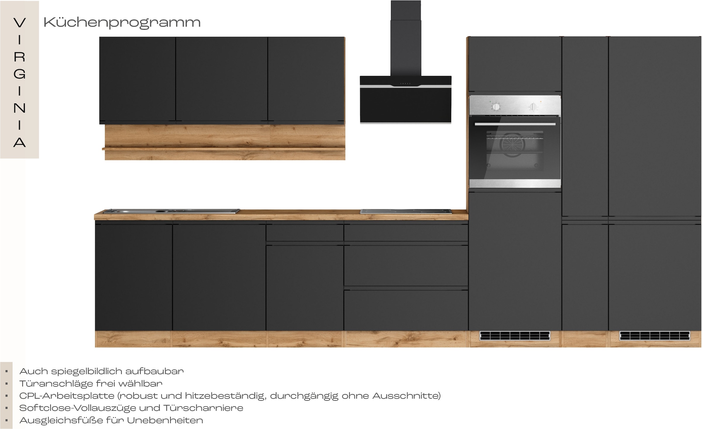KOCHSTATION Küchenzeile »KS-Virginia,neu in verbesserter Ausführung« Arbeitsplatte 38 mm stark, Stauraum, Softclose,  Breite 390 cm, Soft-Close, mit Glaskeramik-oder Induktionskochfeld